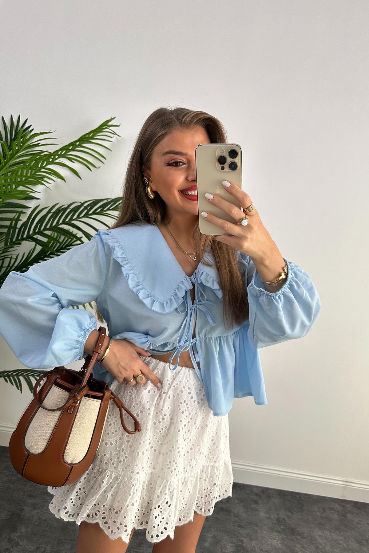 Pinterest Model Bebe Yaka Romantik Gömlek Tatlı Mavi