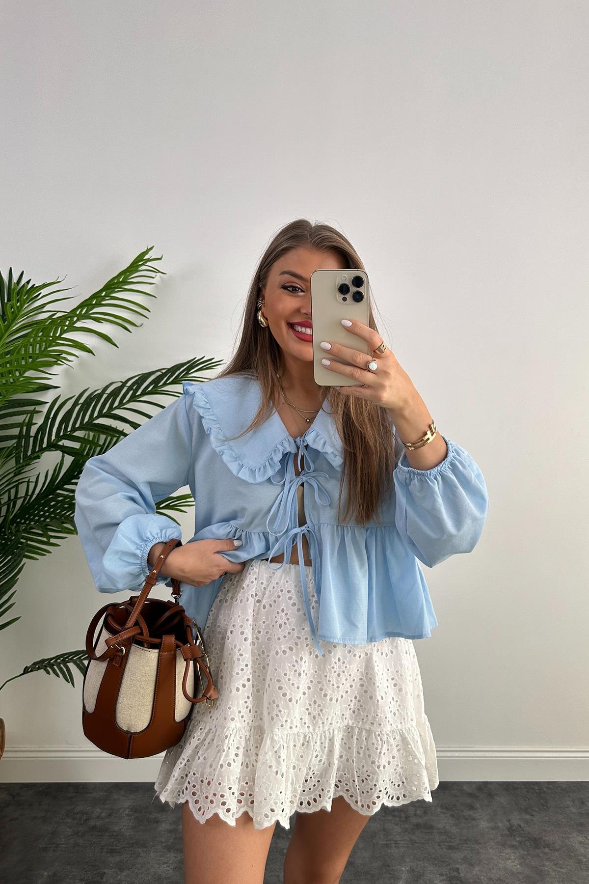 Pinterest Model Bebe Yaka Romantik Gömlek Tatlı Mavi