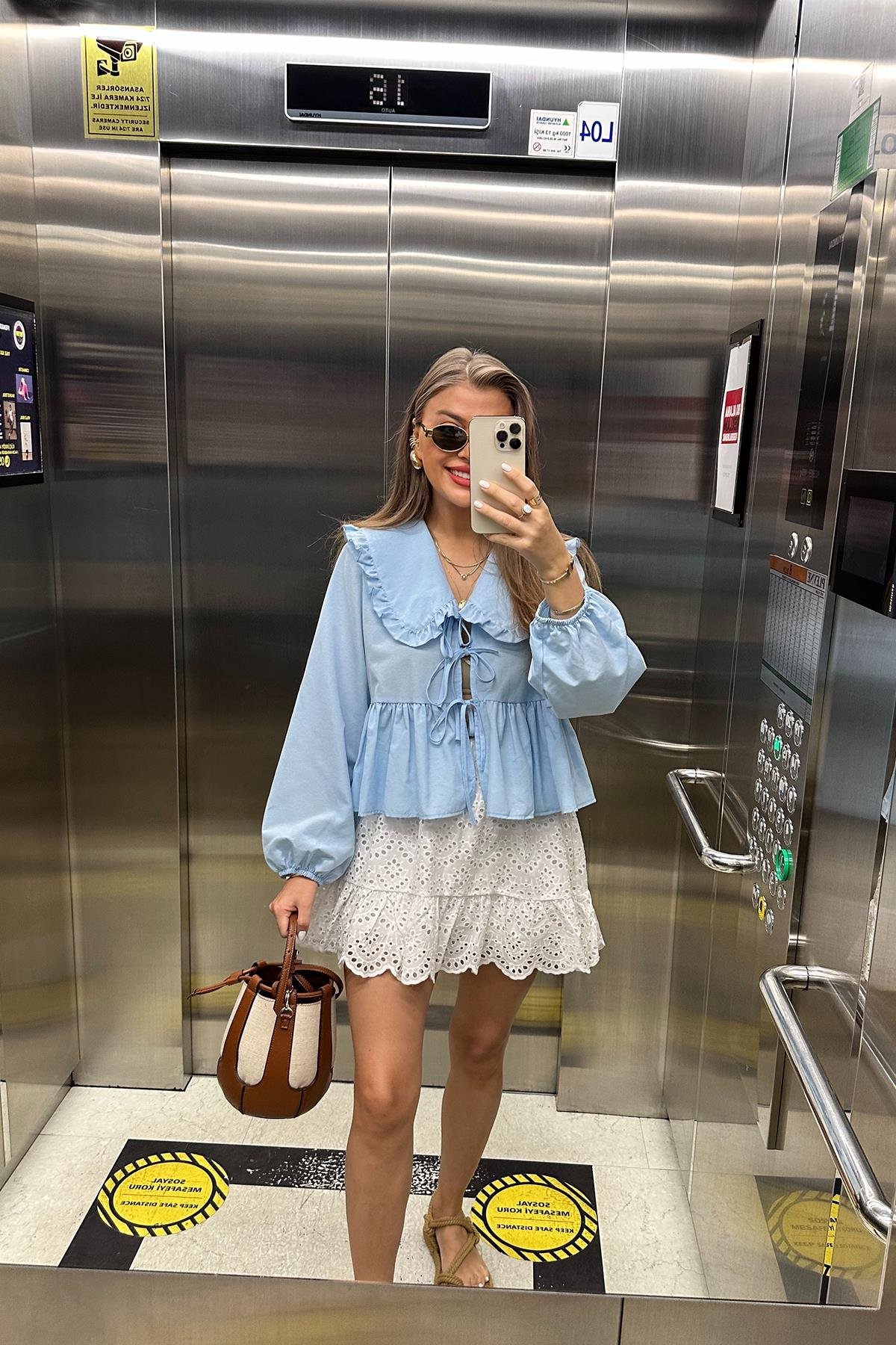 Pinterest Model Bebe Yaka Romantik Gömlek Tatlı Mavi