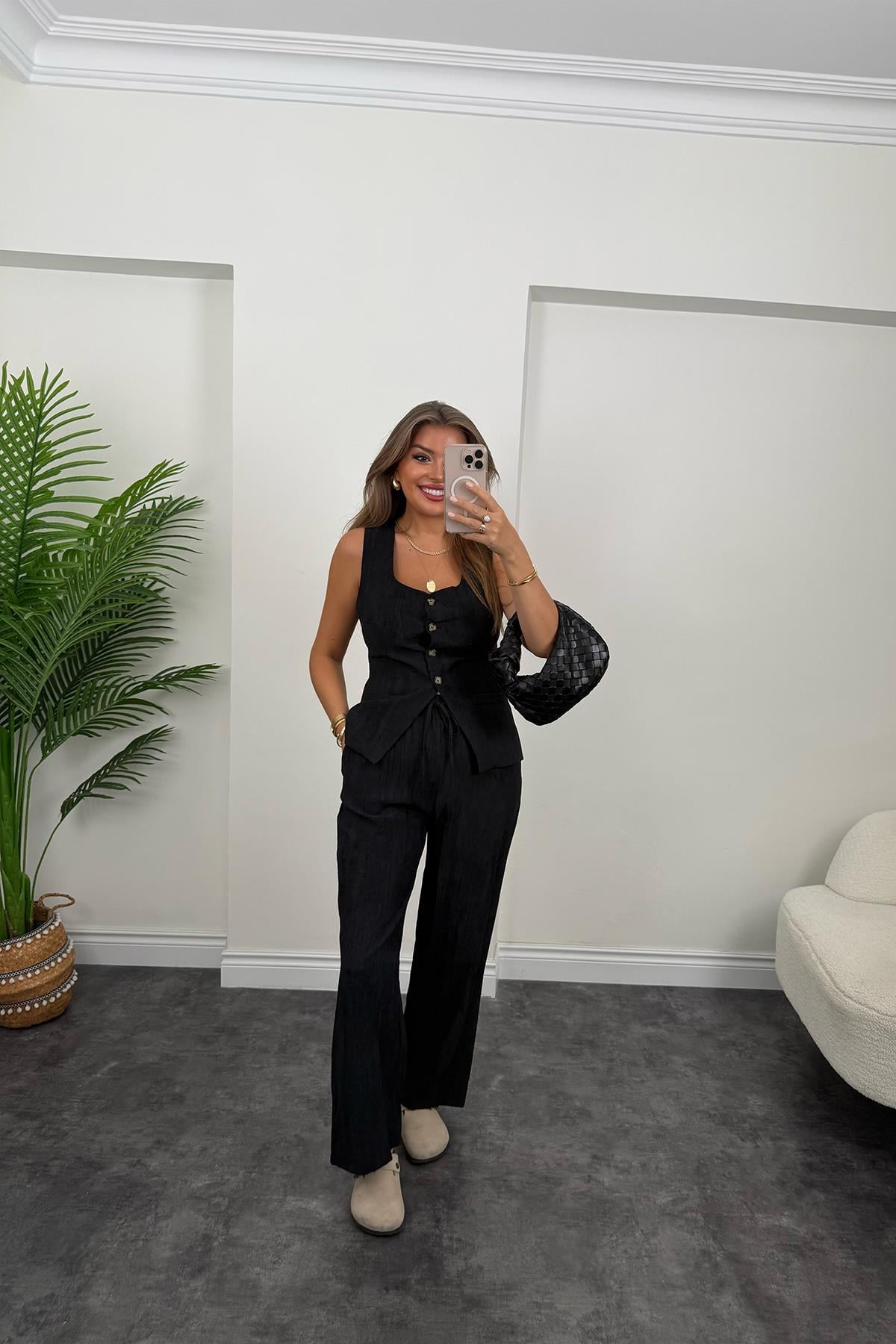 Pinterest Model Tiril Palazzo Yelek Takım Siyah