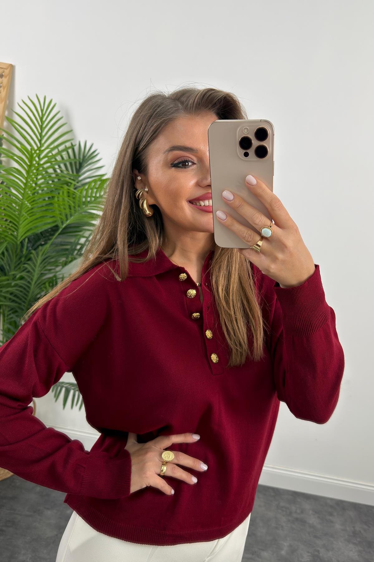 Polo Yaka Gold Düğmeli Basic Triko Bordo