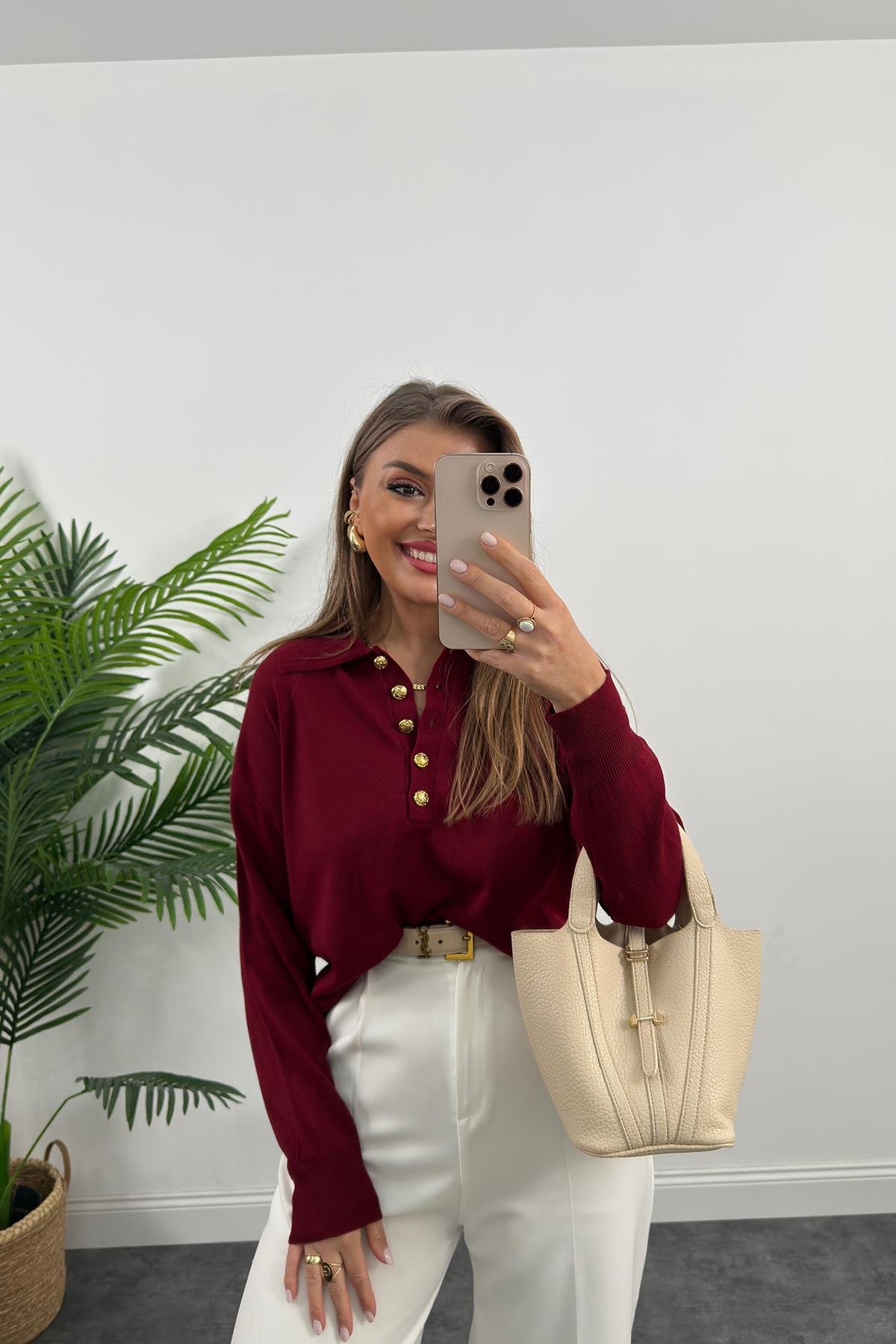 Polo Yaka Gold Düğmeli Basic Triko Bordo