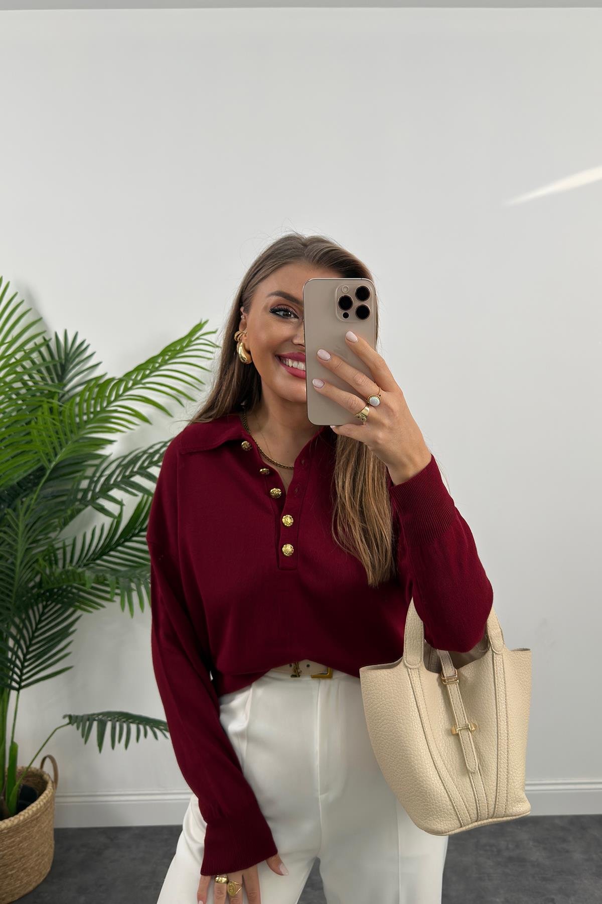 Polo Yaka Gold Düğmeli Basic Triko Bordo
