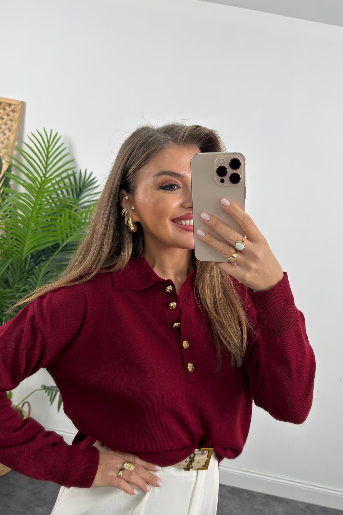 Polo Yaka Gold Düğmeli Basic Triko Bordo