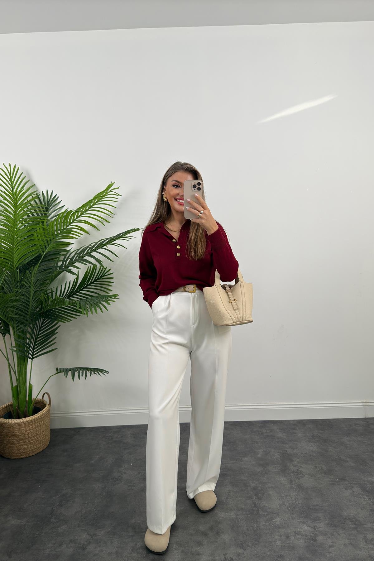 Polo Yaka Gold Düğmeli Basic Triko Bordo