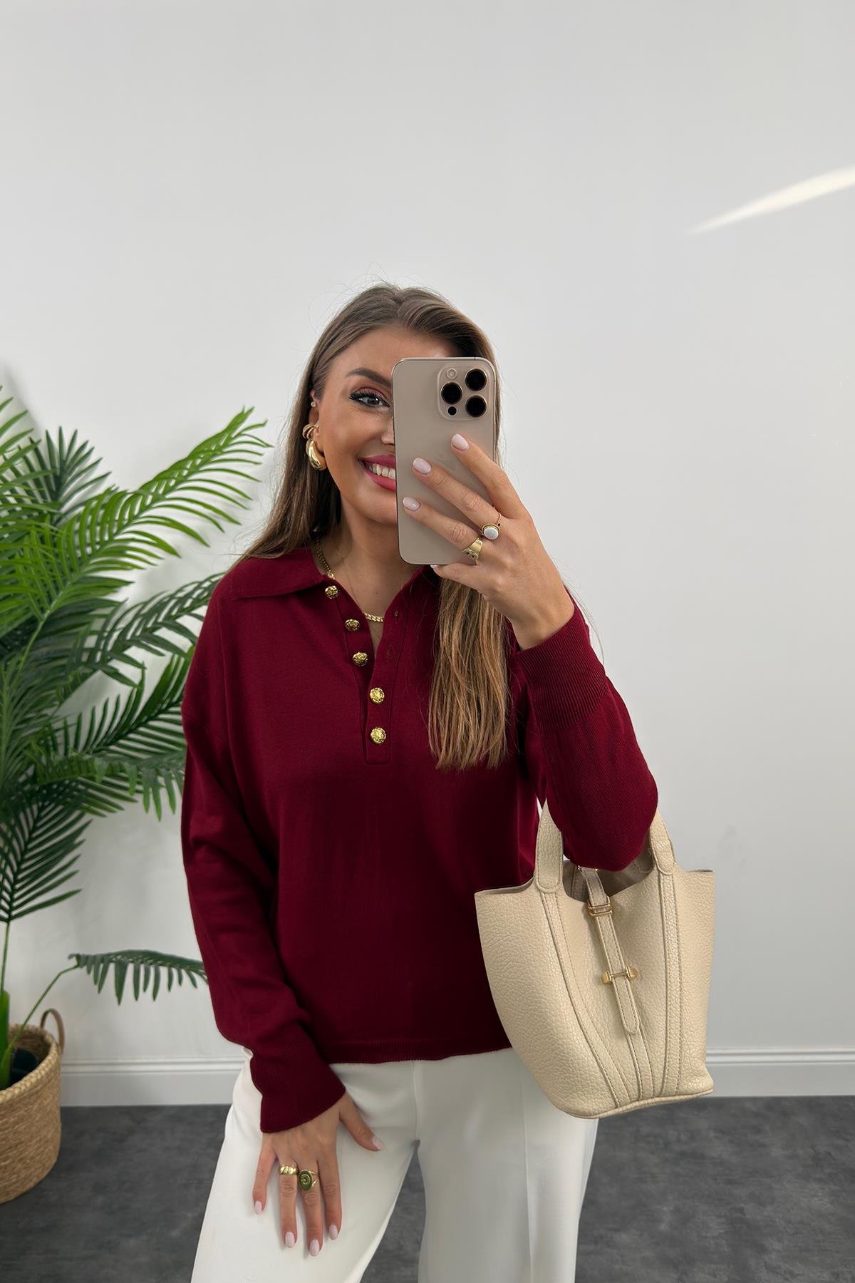 Polo Yaka Gold Düğmeli Basic Triko Bordo