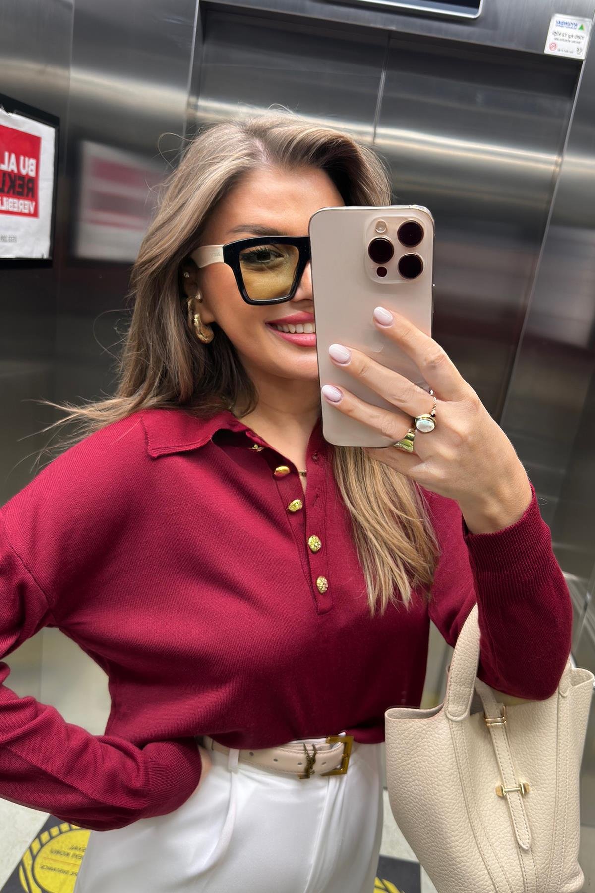Polo Yaka Gold Düğmeli Basic Triko Bordo