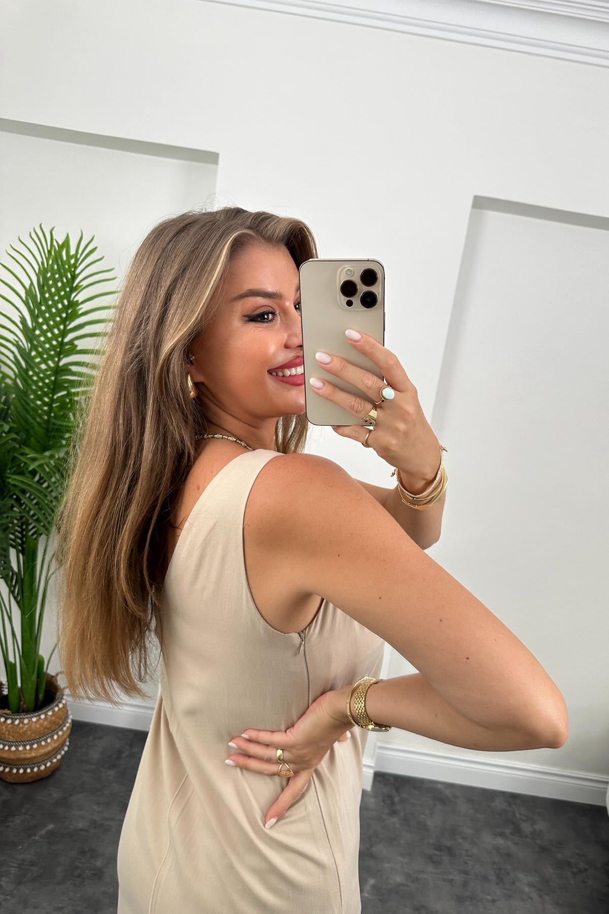 Premium Kalite 4 Mevsim Basic Tensel Elbise Taş