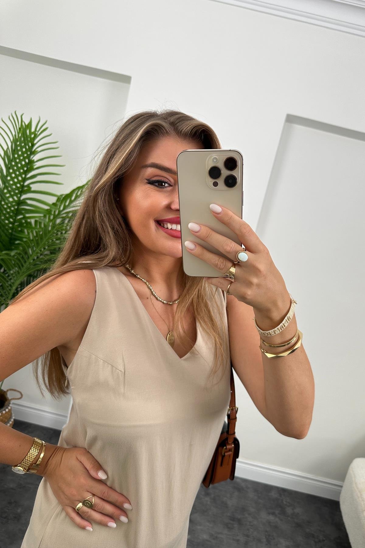 Premium Kalite 4 Mevsim Basic Tensel Elbise Taş