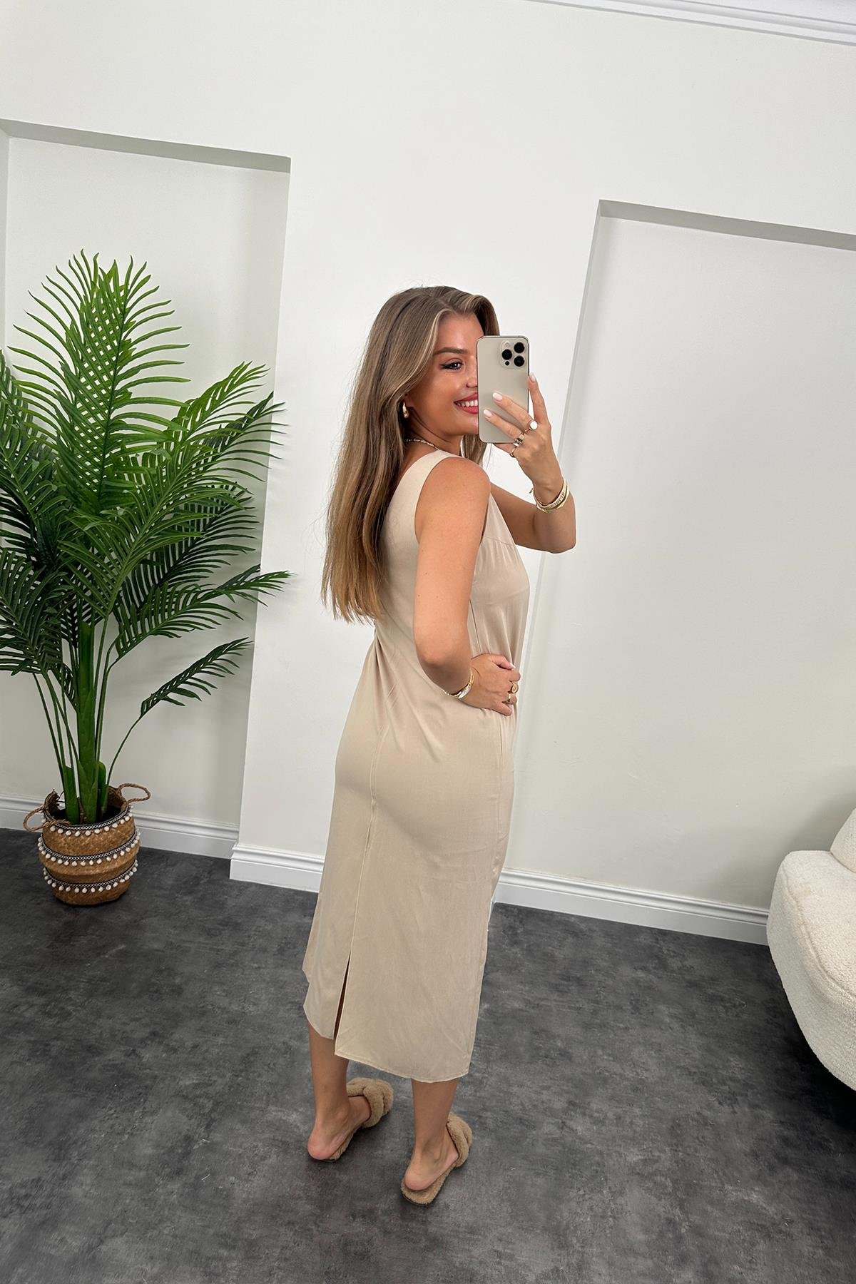 Premium Kalite 4 Mevsim Basic Tensel Elbise Taş