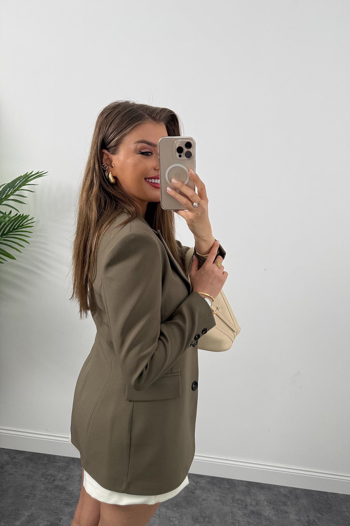 Premium Kalite Belden Oturtmalı Double Atlas Kumaş Ceket Normal Haki