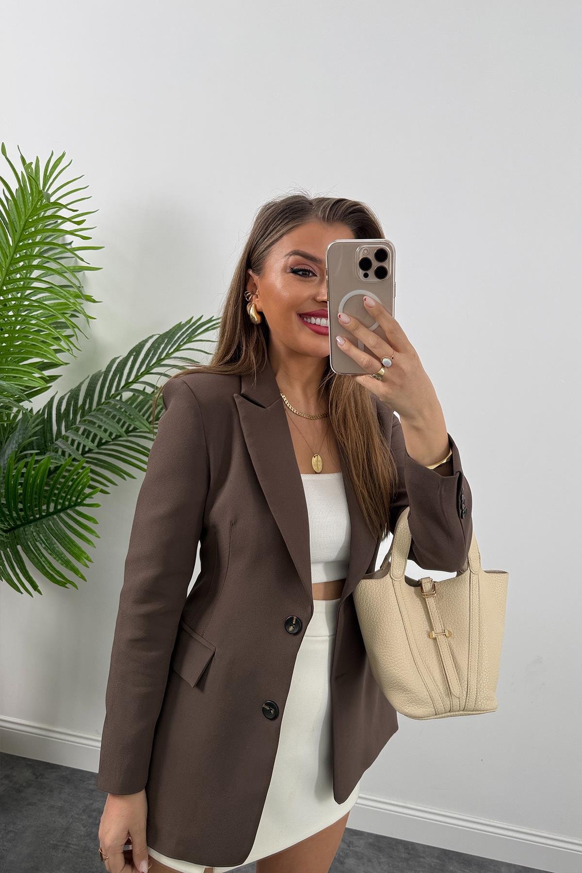 Premium Kalite Belden Oturtmalı Double Atlas Kumaş Ceket Koyu Kahve