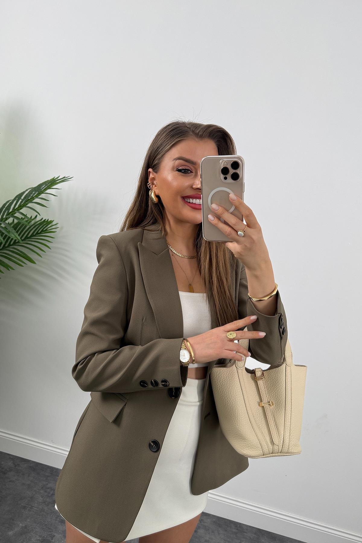 Premium Kalite Belden Oturtmalı Double Atlas Kumaş Ceket Normal Haki