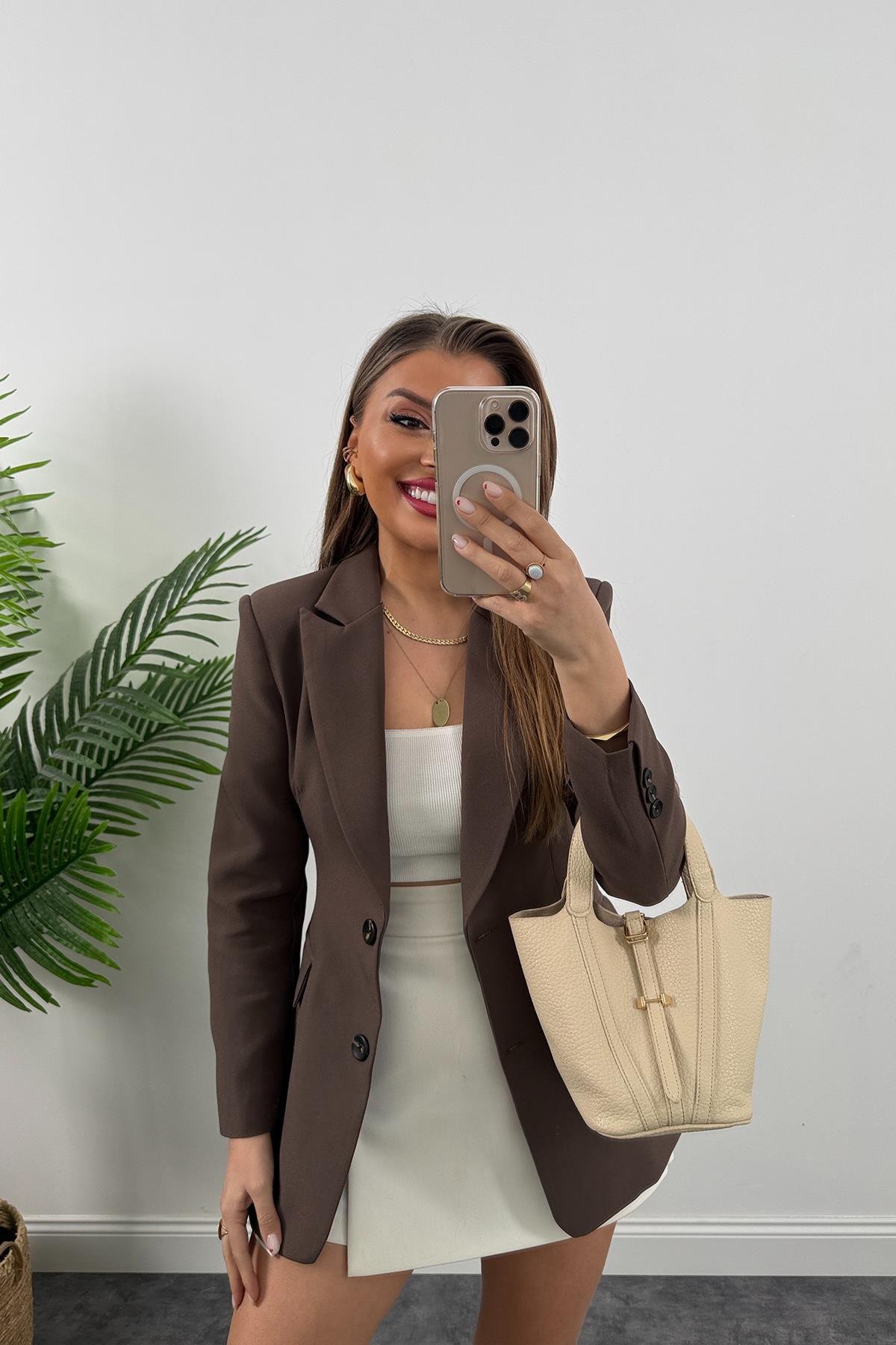 Premium Kalite Belden Oturtmalı Double Atlas Kumaş Ceket Koyu Kahve