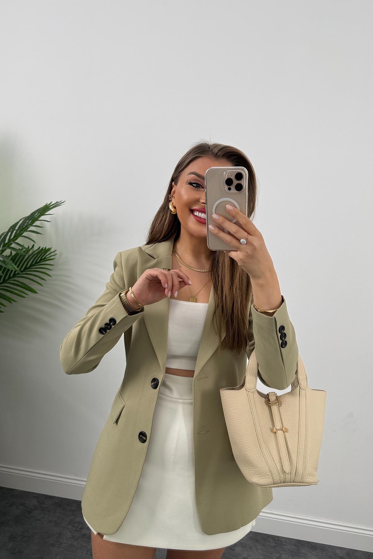 Premium Kalite Belden Oturtmalı Double Atlas Kumaş Ceket Açık Haki