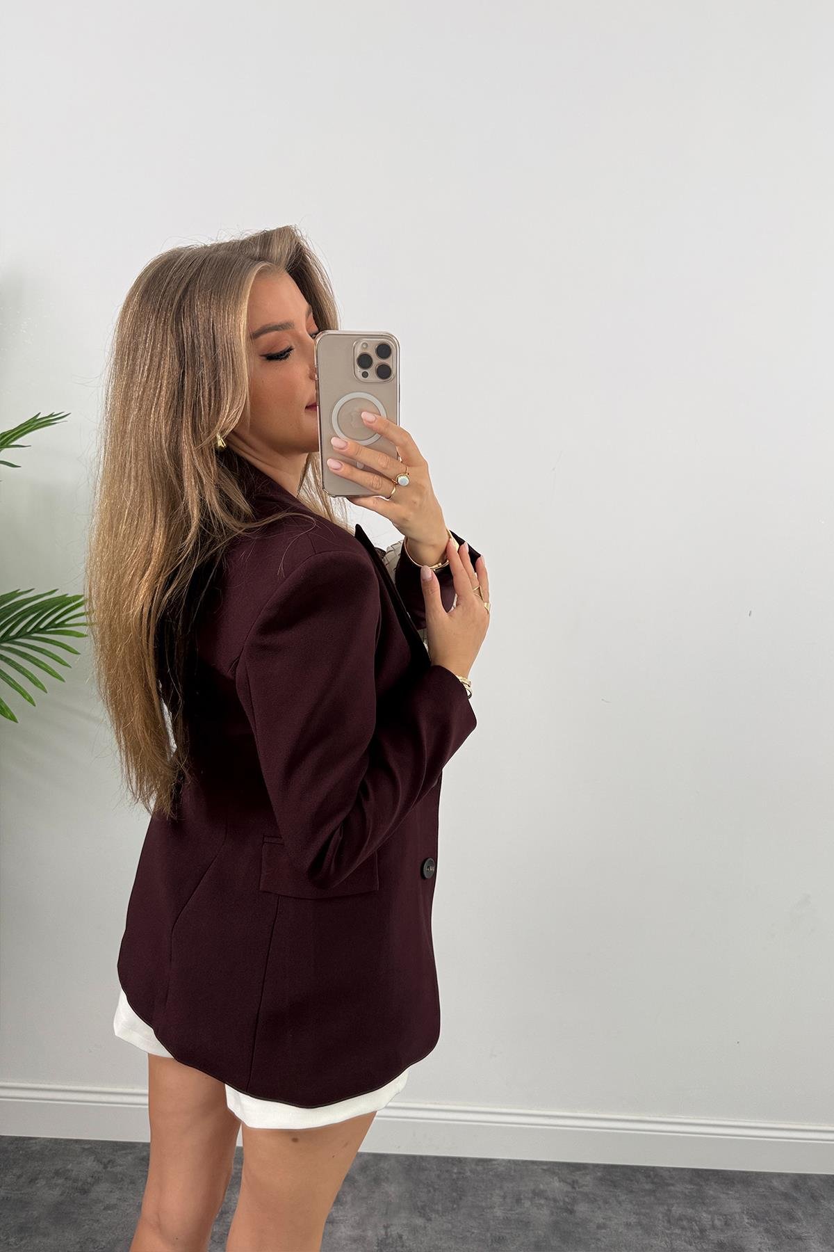 Premium Kalite Belden Oturtmalı Double Atlas Kumaş Ceket Mürdüm