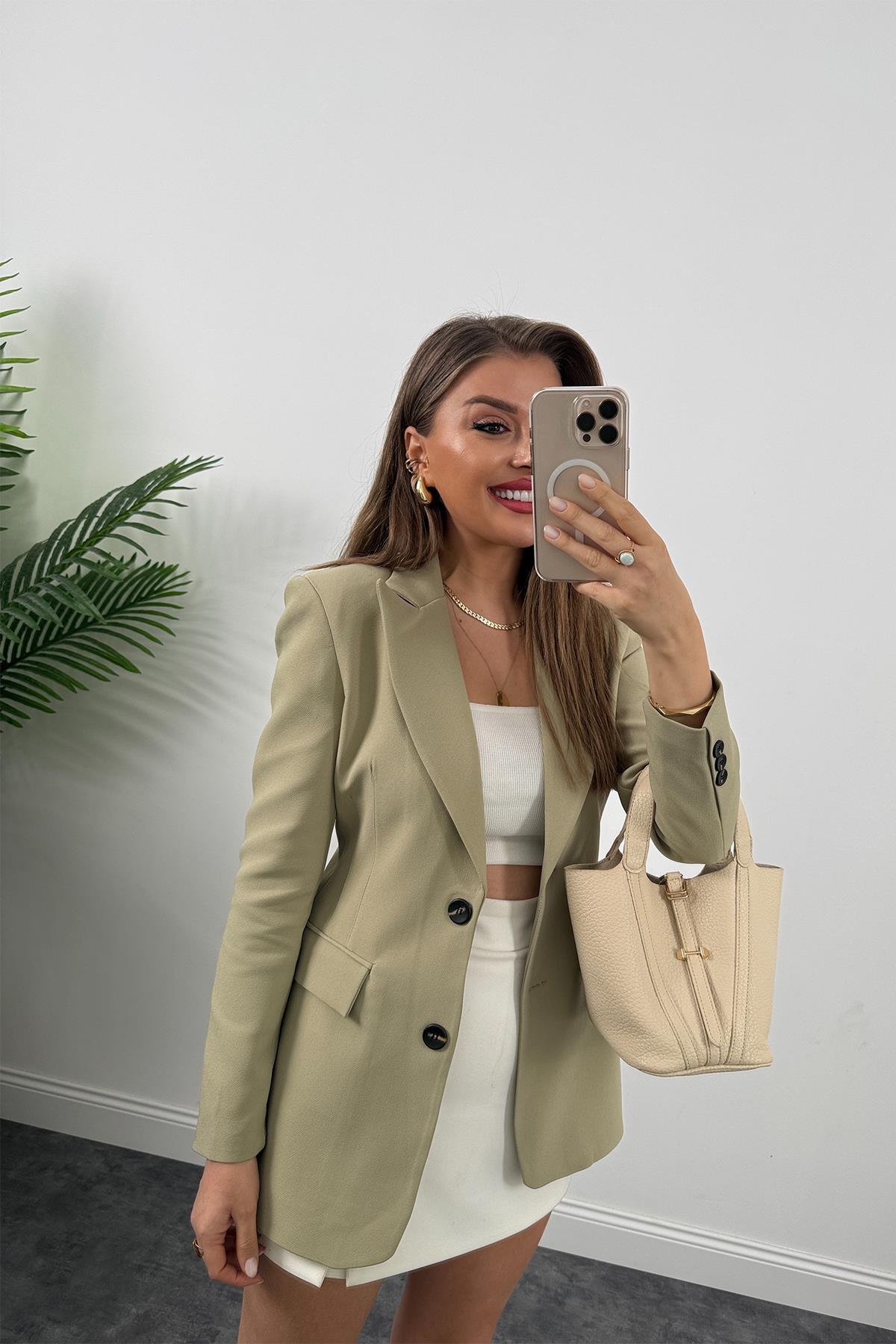 Premium Kalite Belden Oturtmalı Double Atlas Kumaş Ceket Açık Haki