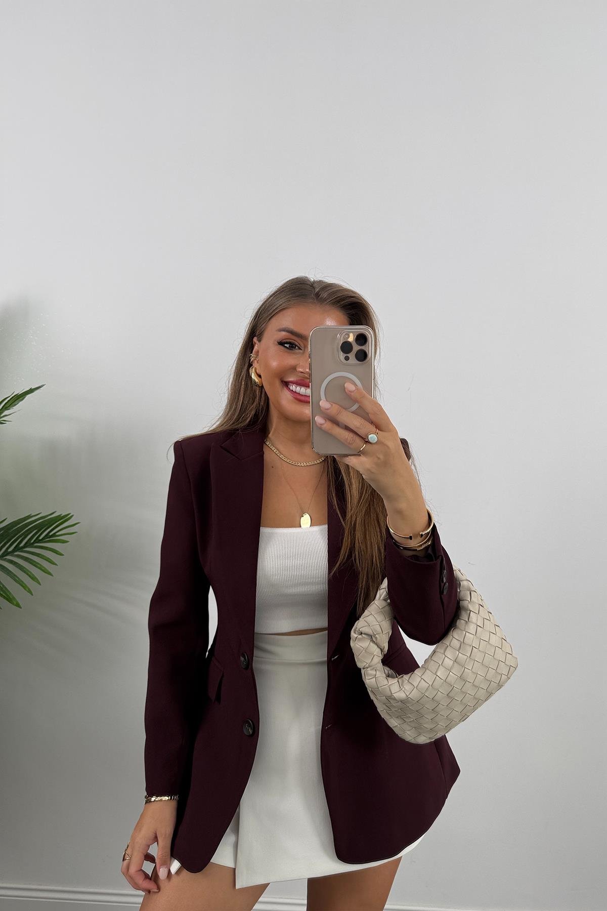 Premium Kalite Belden Oturtmalı Double Atlas Kumaş Ceket Mürdüm