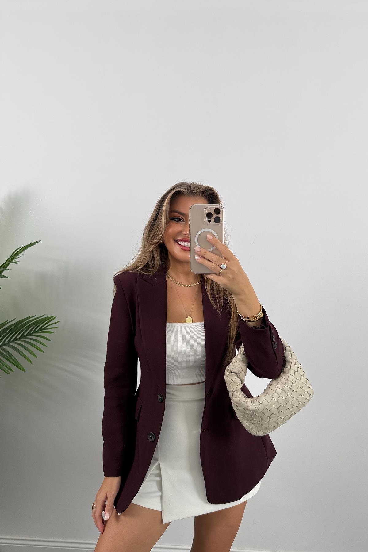 Premium Kalite Belden Oturtmalı Double Atlas Kumaş Ceket Mürdüm