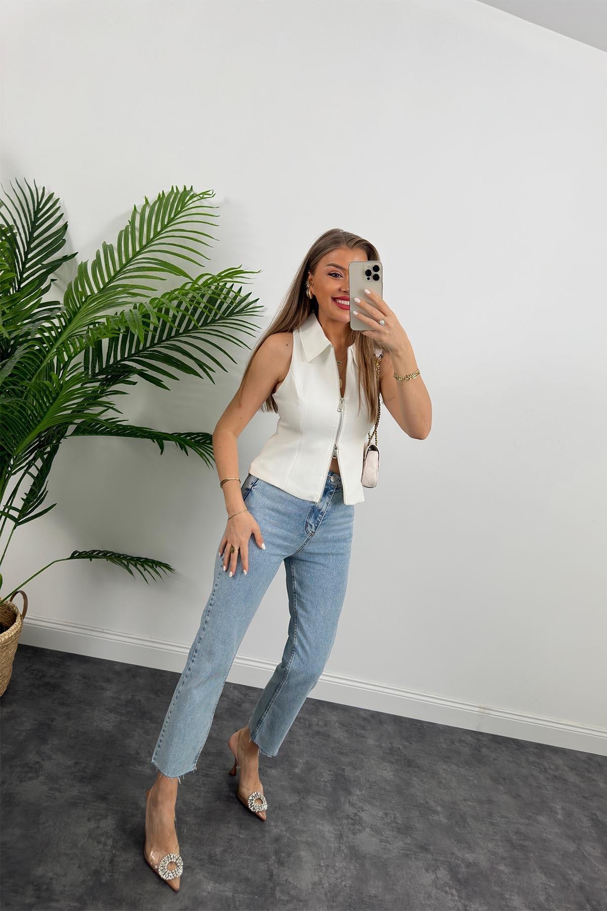 Premium Kalite Double Atlas Kumaş Astarlı Fermuarlı Tasarım Yelek Beyaz