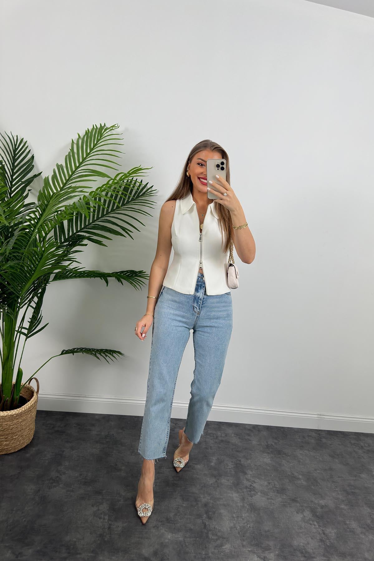 Premium Kalite Double Atlas Kumaş Astarlı Fermuarlı Tasarım Yelek Beyaz