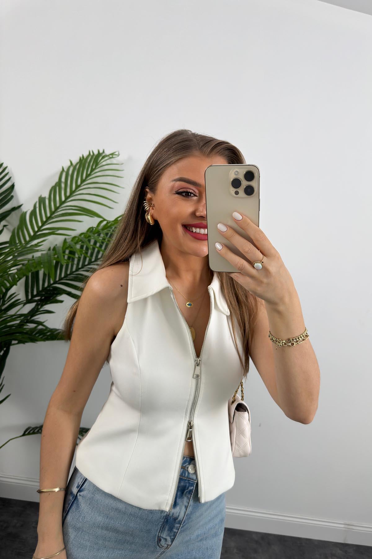 Premium Kalite Double Atlas Kumaş Astarlı Fermuarlı Tasarım Yelek Beyaz