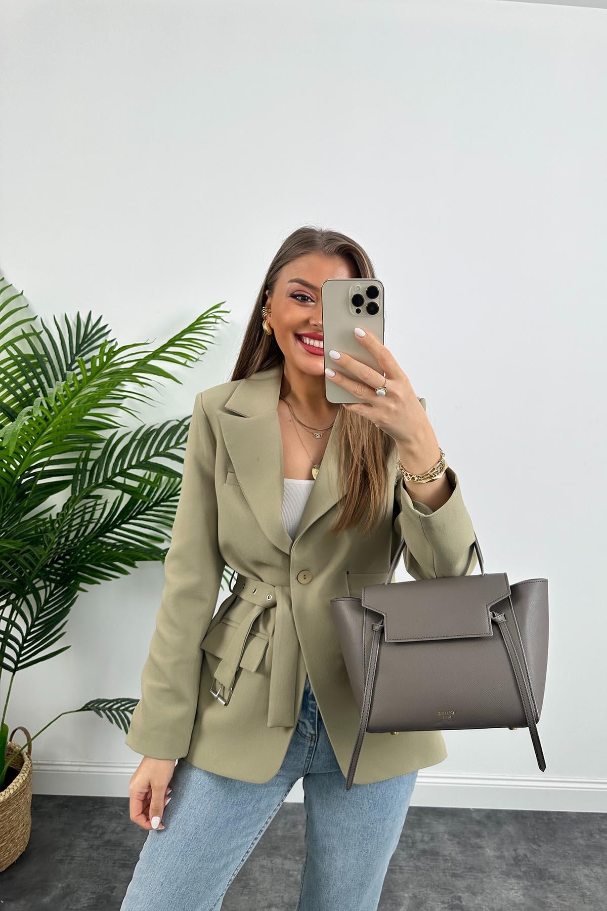Premium Kalite Kemerli Astarlı Double Kalın Kumaş Blazer Ceket Haki