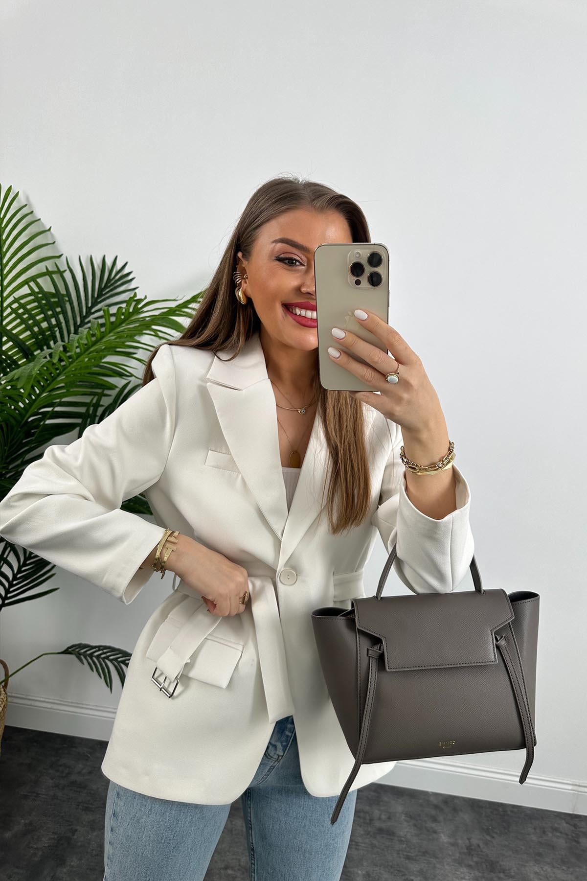 Premium Kalite Kemerli Astarlı Double Kalın Kumaş Blazer Ceket Beyaz