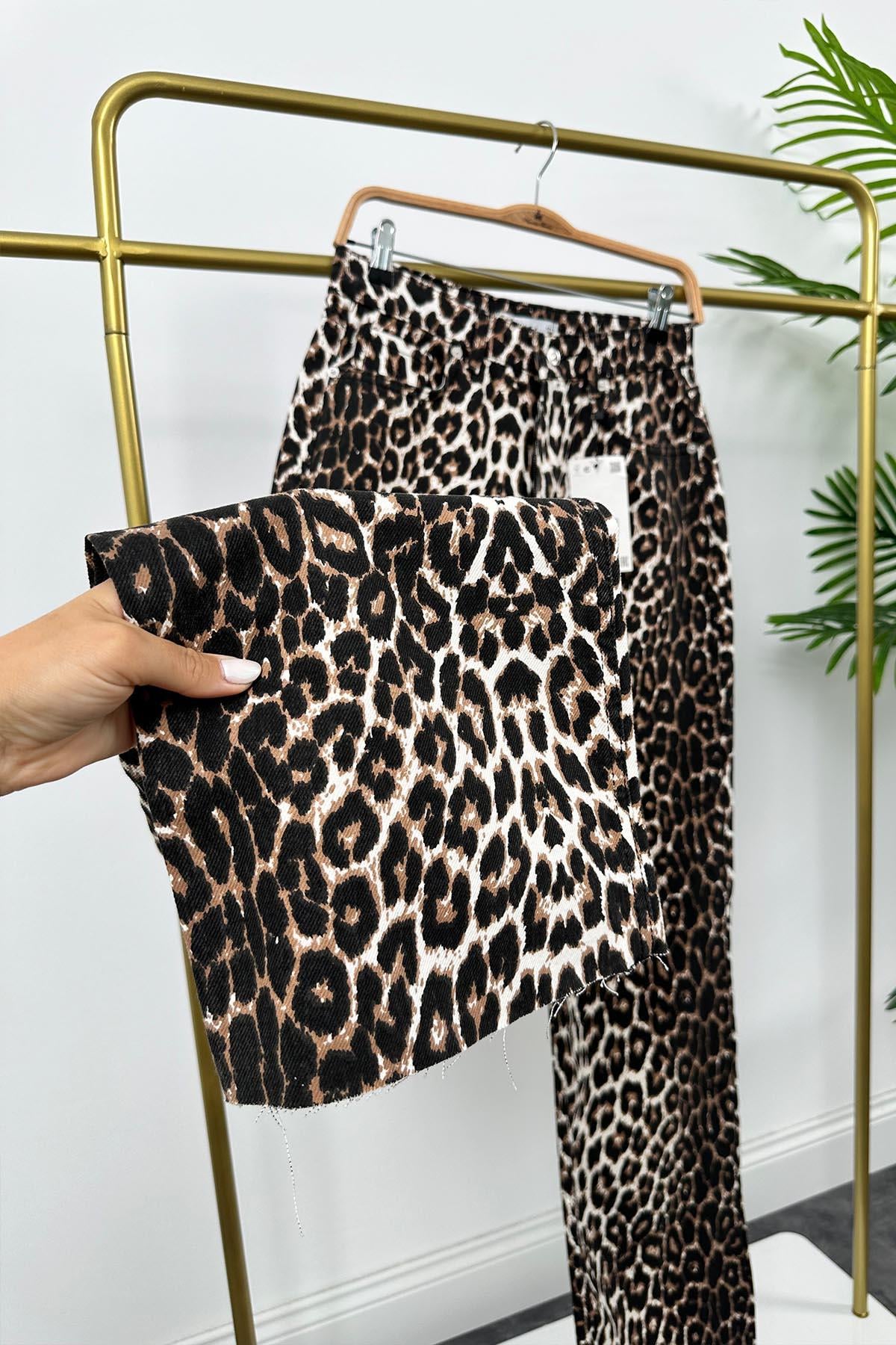 Premium Kalite Kesik Paça Ultra Yüksek Bel Leopar Palazzo Jean Kahve Siyah
