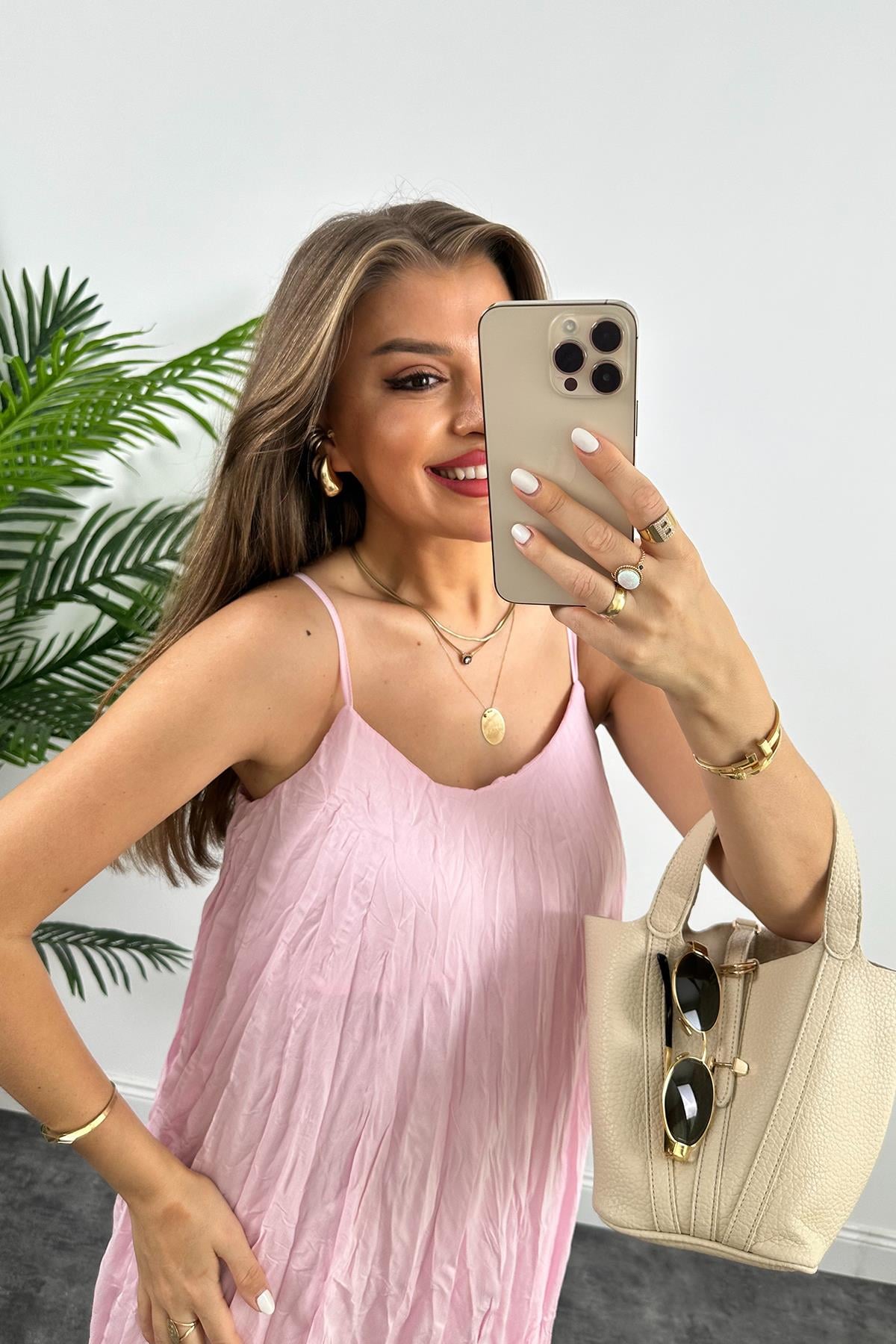 Premium Kalite Kırışık Kumaş Astarlı Tensel Elbise Pembe