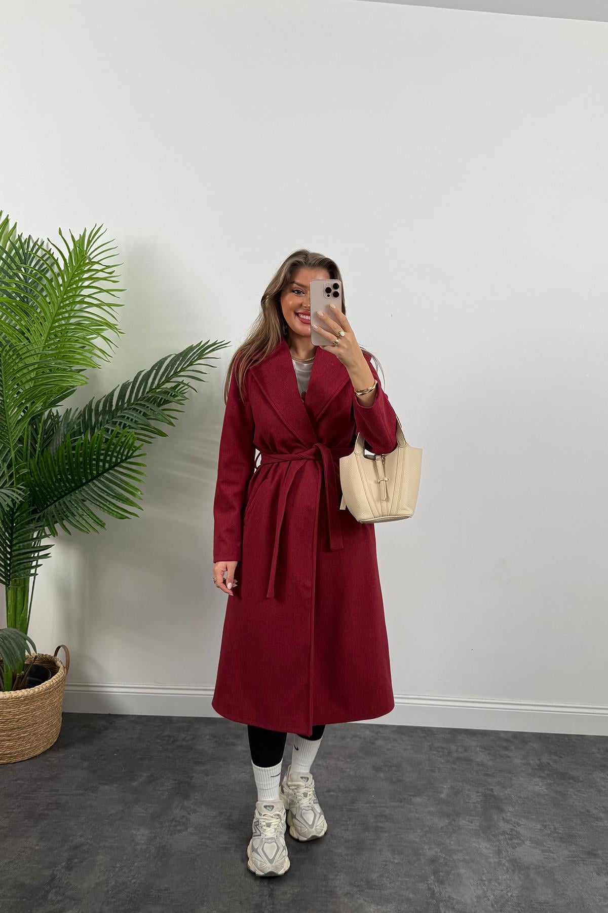 Premium Kalite Kuşaklı Basic Kaşe Kaban Bordo