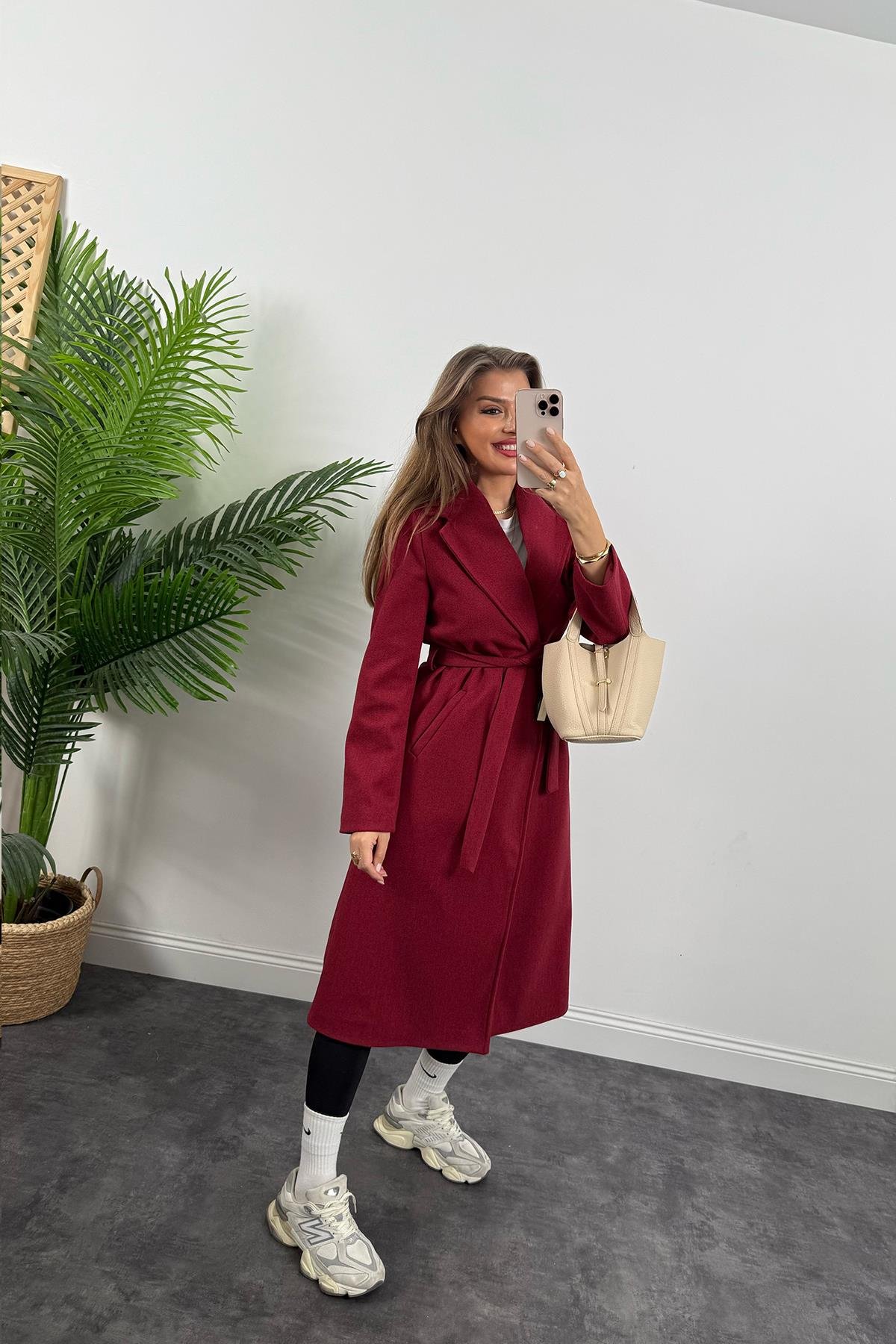 Premium Kalite Kuşaklı Basic Kaşe Kaban Bordo