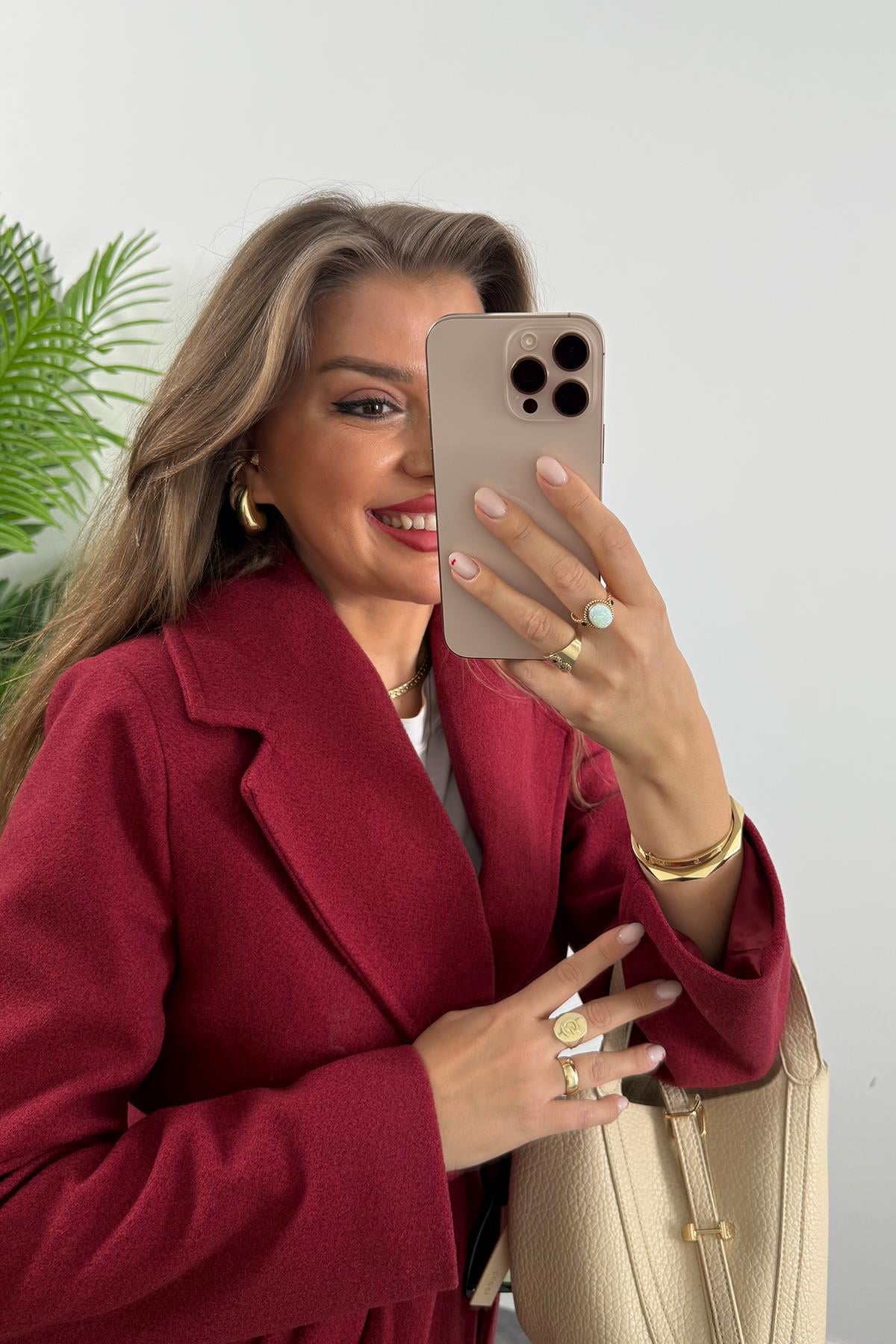 Premium Kalite Kuşaklı Basic Kaşe Kaban Bordo