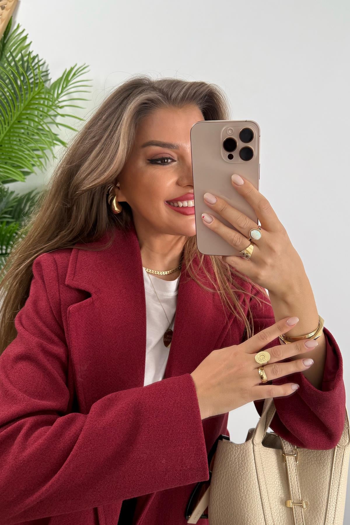 Premium Kalite Kuşaklı Basic Kaşe Kaban Bordo