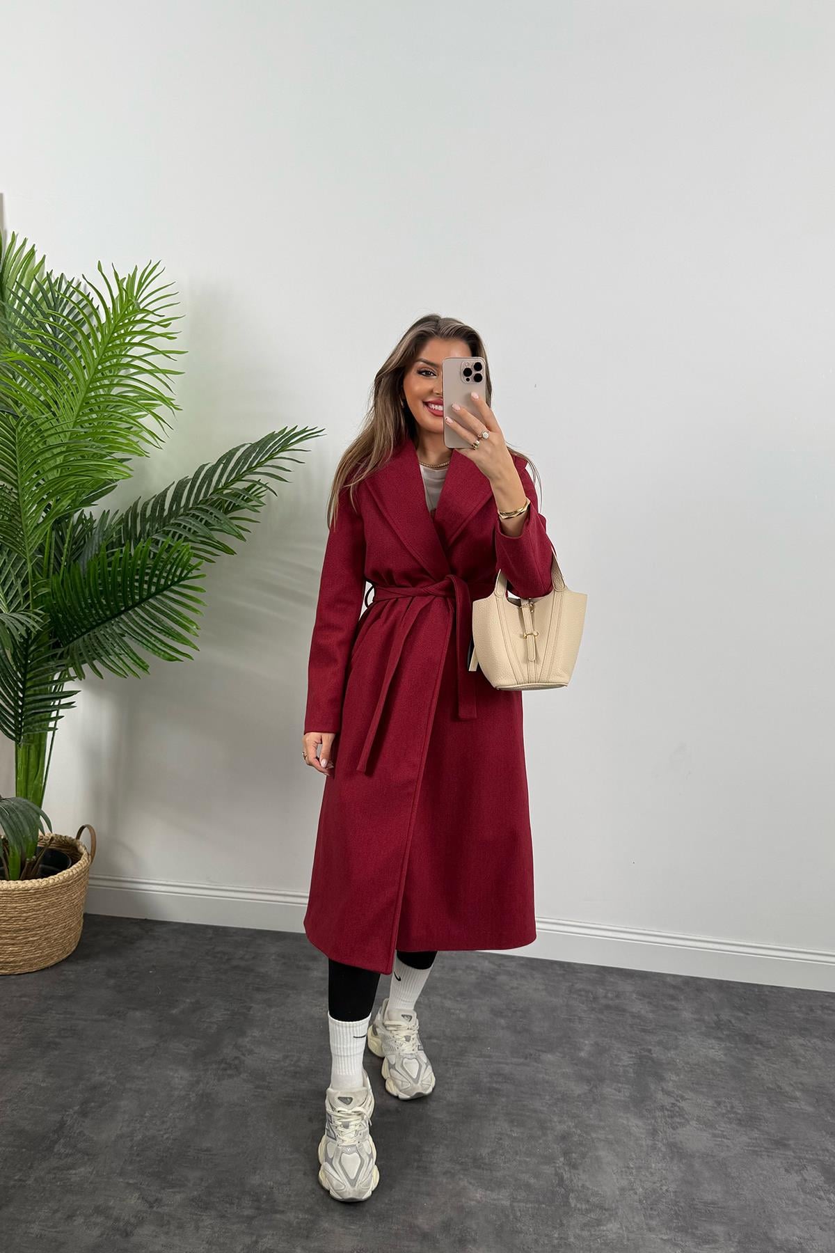 Premium Kalite Kuşaklı Basic Kaşe Kaban Bordo