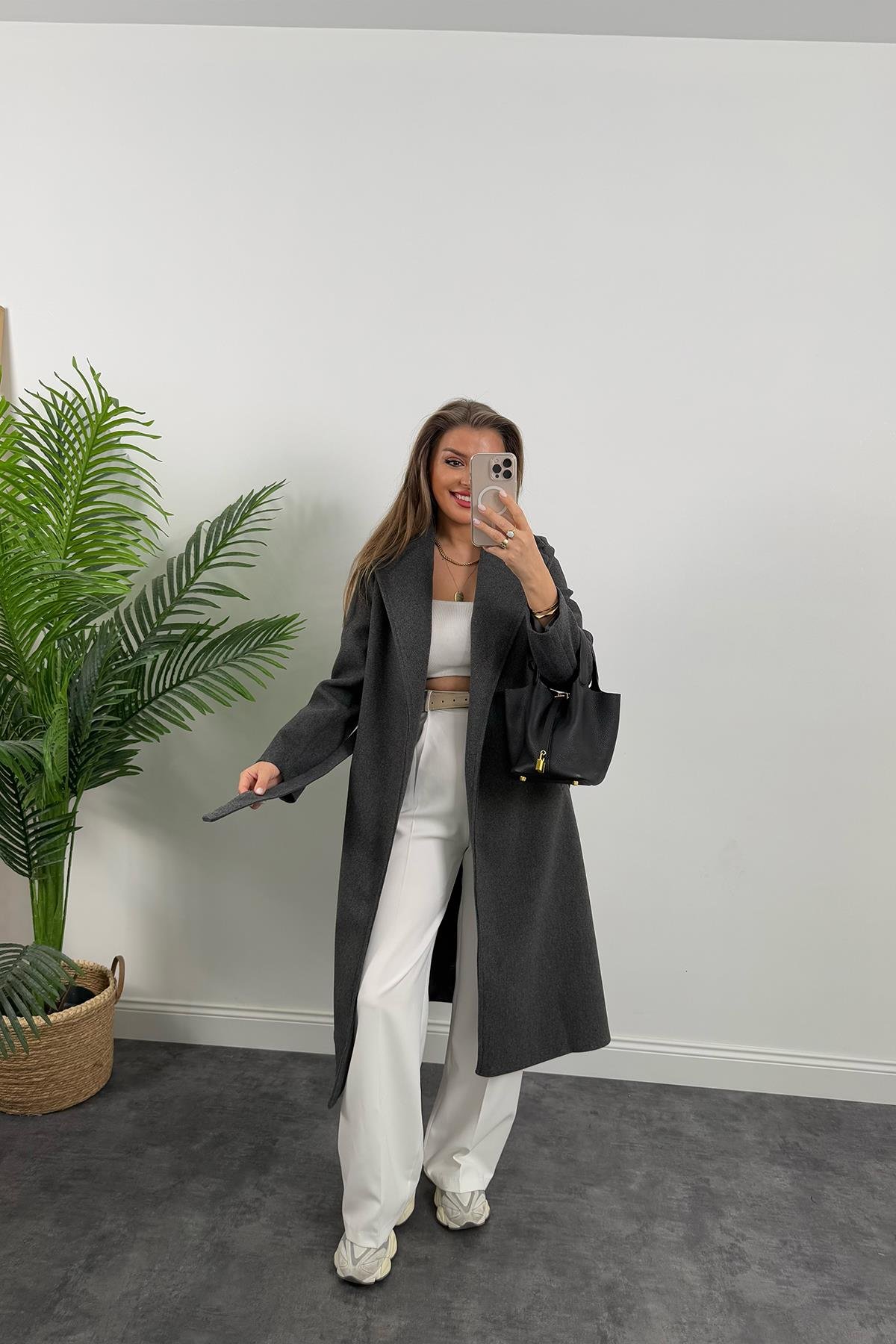 Premium Kalite Kuşaklı Basic Kaşe Kaban Antasit