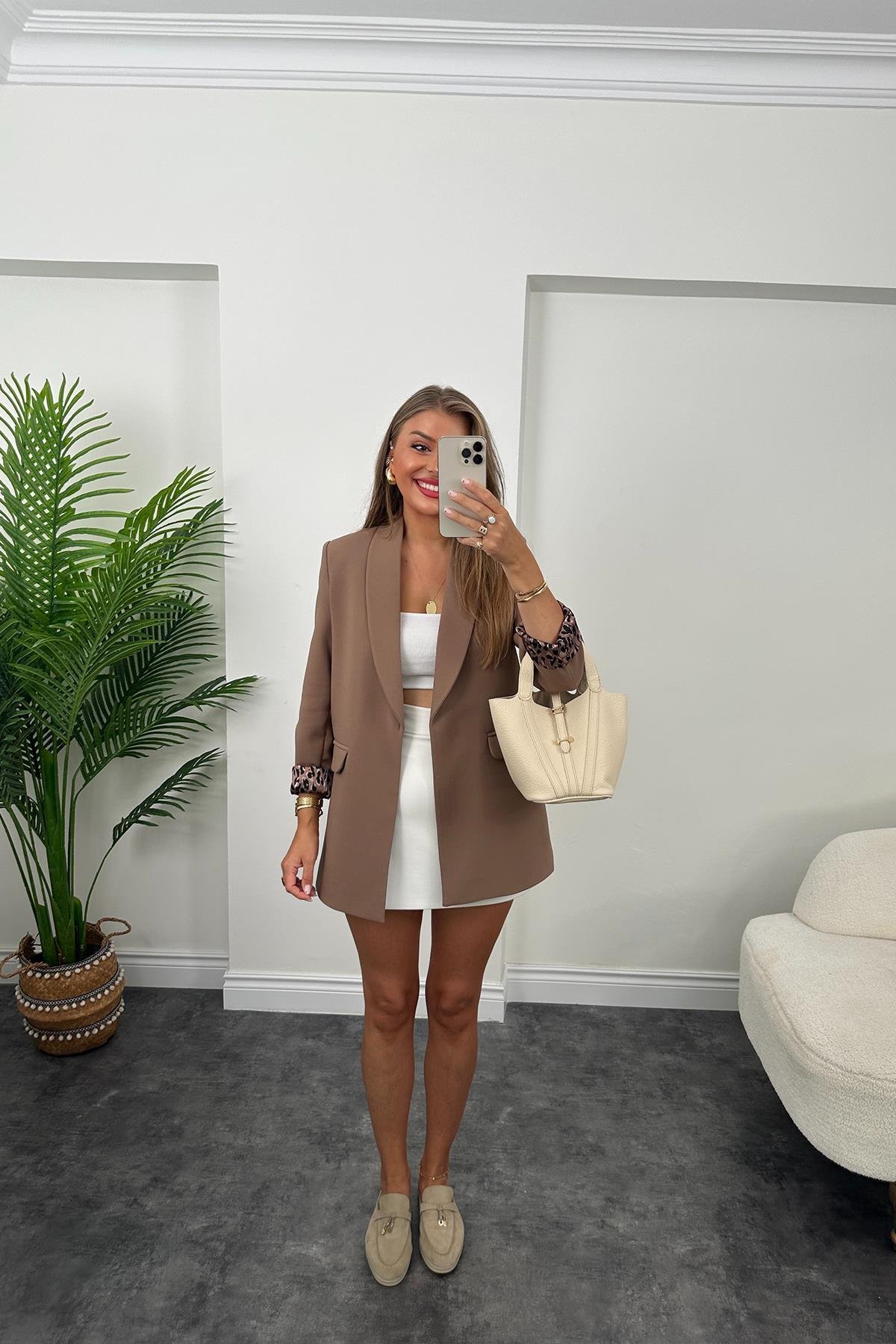 Premium Kalite Leopar Astarlı Double Kumaş Blazer Ceket Kahverengi