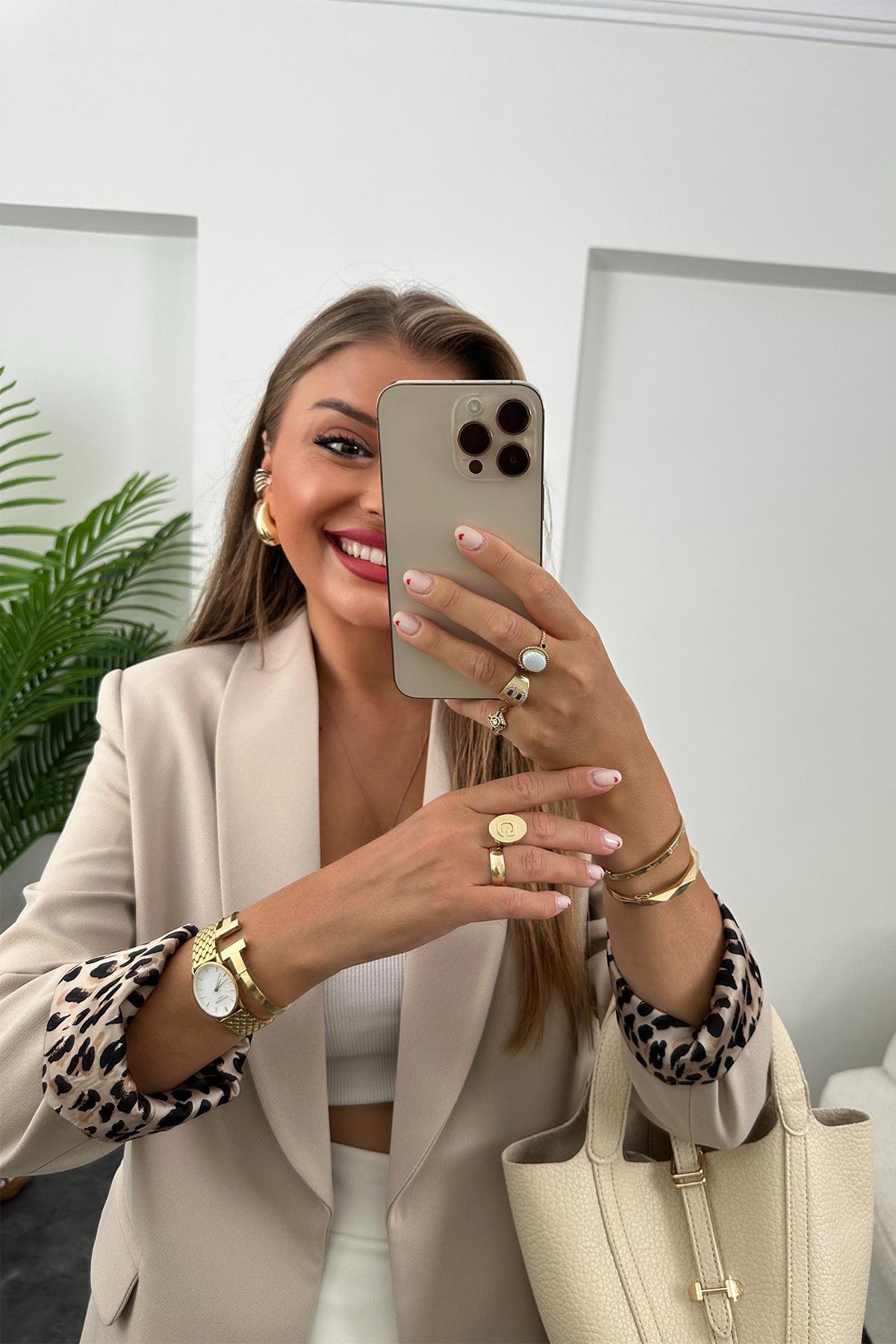 Premium Kalite Leopar Astarlı Double Kumaş Blazer Ceket Taş