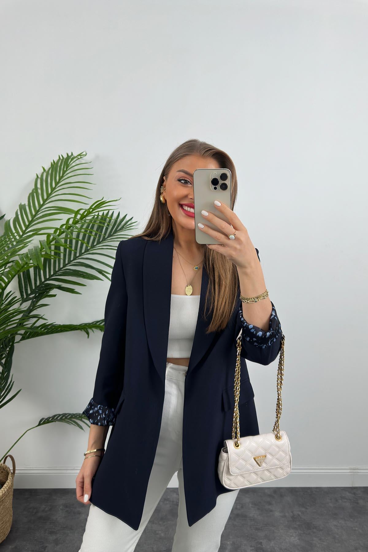Premium Kalite Leopar Astarlı Double Kumaş Blazer Ceket Lacivert