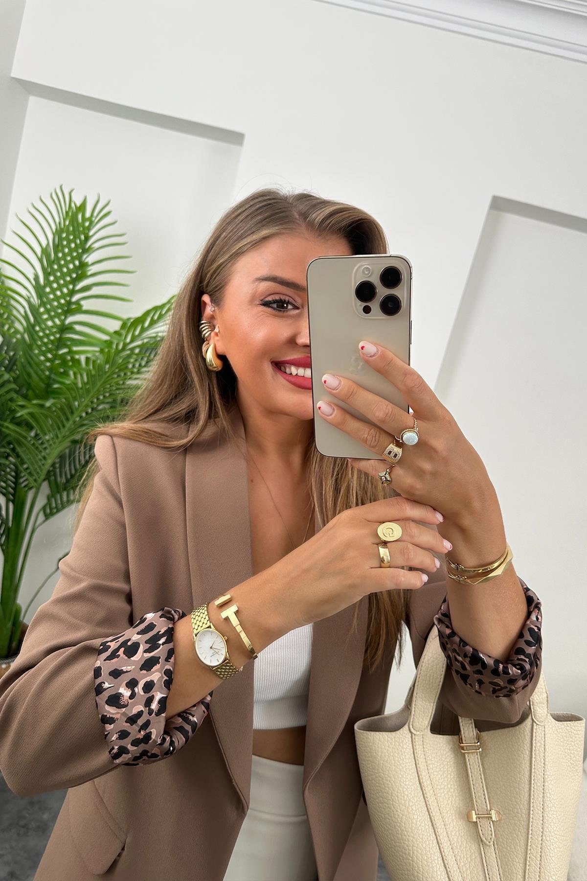 Premium Kalite Leopar Astarlı Double Kumaş Blazer Ceket Kahverengi