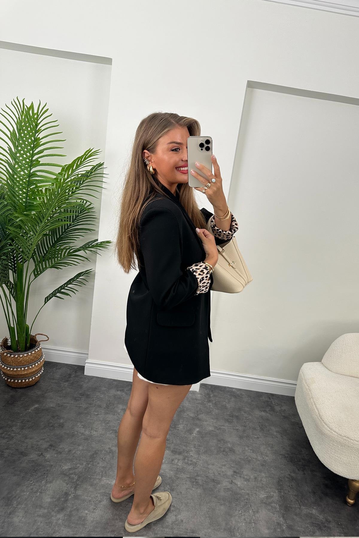 Premium Kalite Leopar Astarlı Double Kumaş Blazer Ceket Siyah