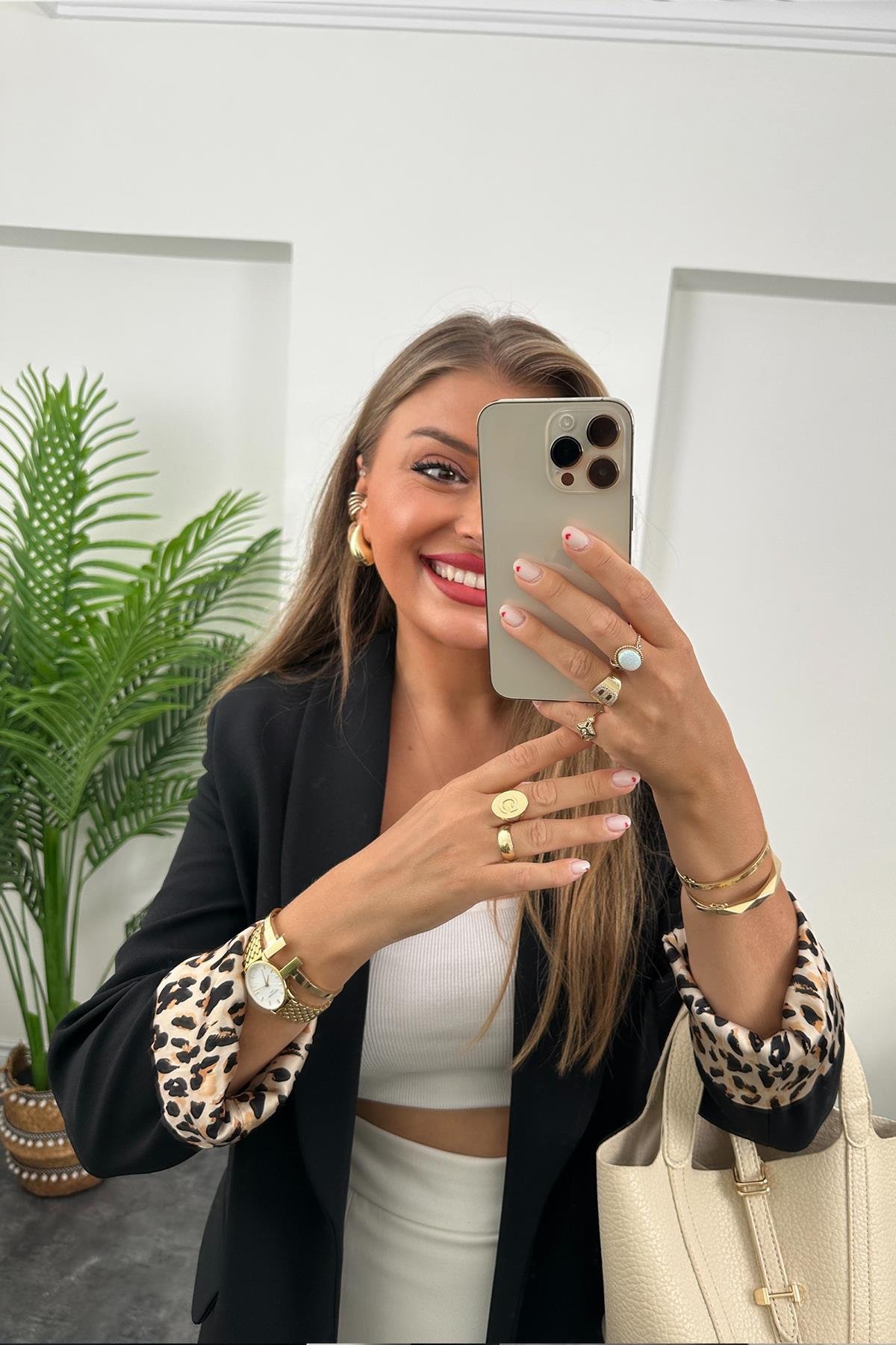 Premium Kalite Leopar Astarlı Double Kumaş Blazer Ceket Siyah