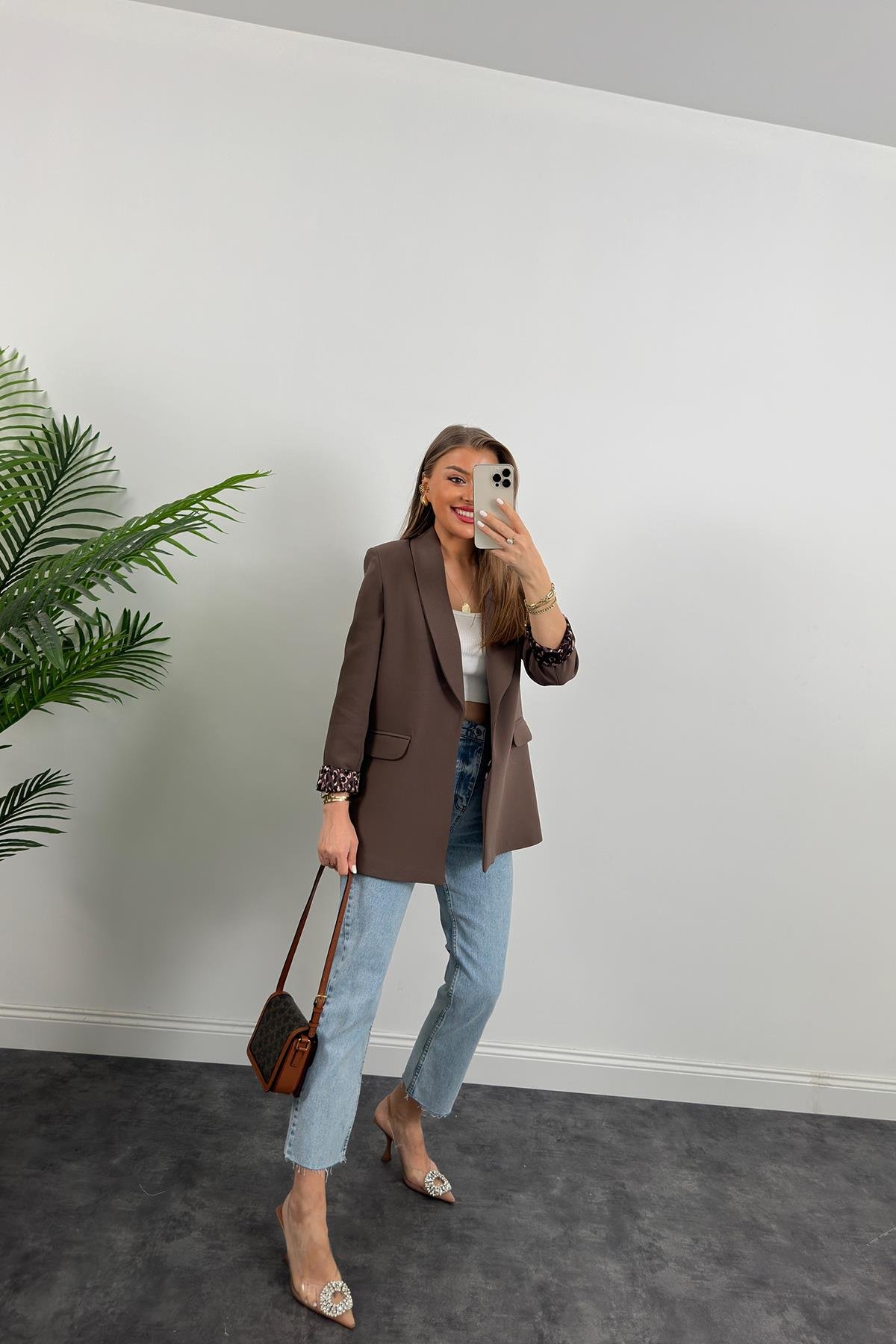 Premium Kalite Leopar Astarlı Double Kumaş Blazer Ceket Acı Kahve