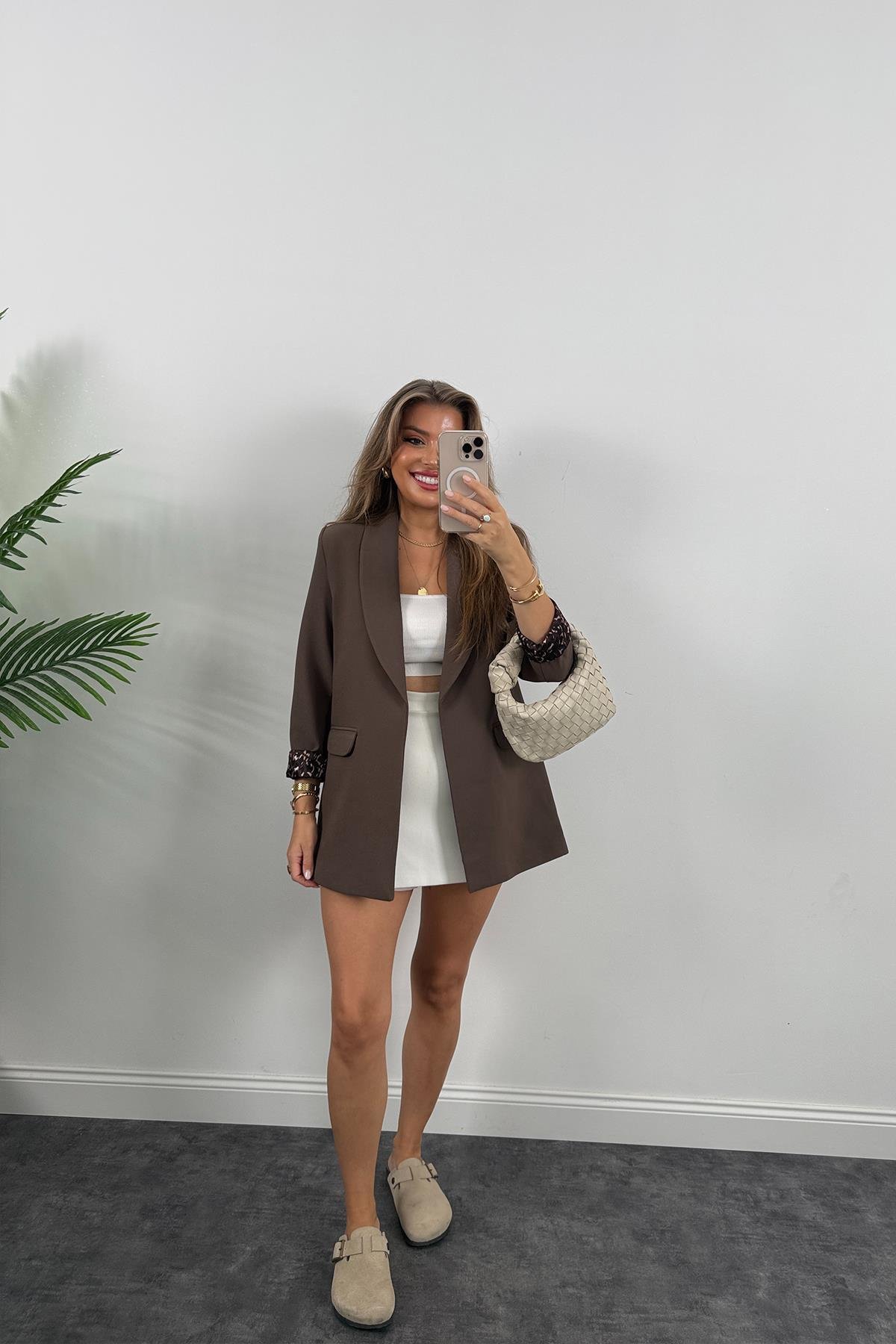 Premium Kalite Leopar Astarlı Double Kumaş Blazer Ceket Koyu Kahve