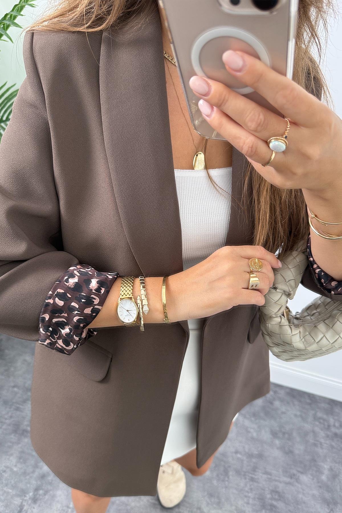 Premium Kalite Leopar Astarlı Double Kumaş Blazer Ceket Koyu Kahve