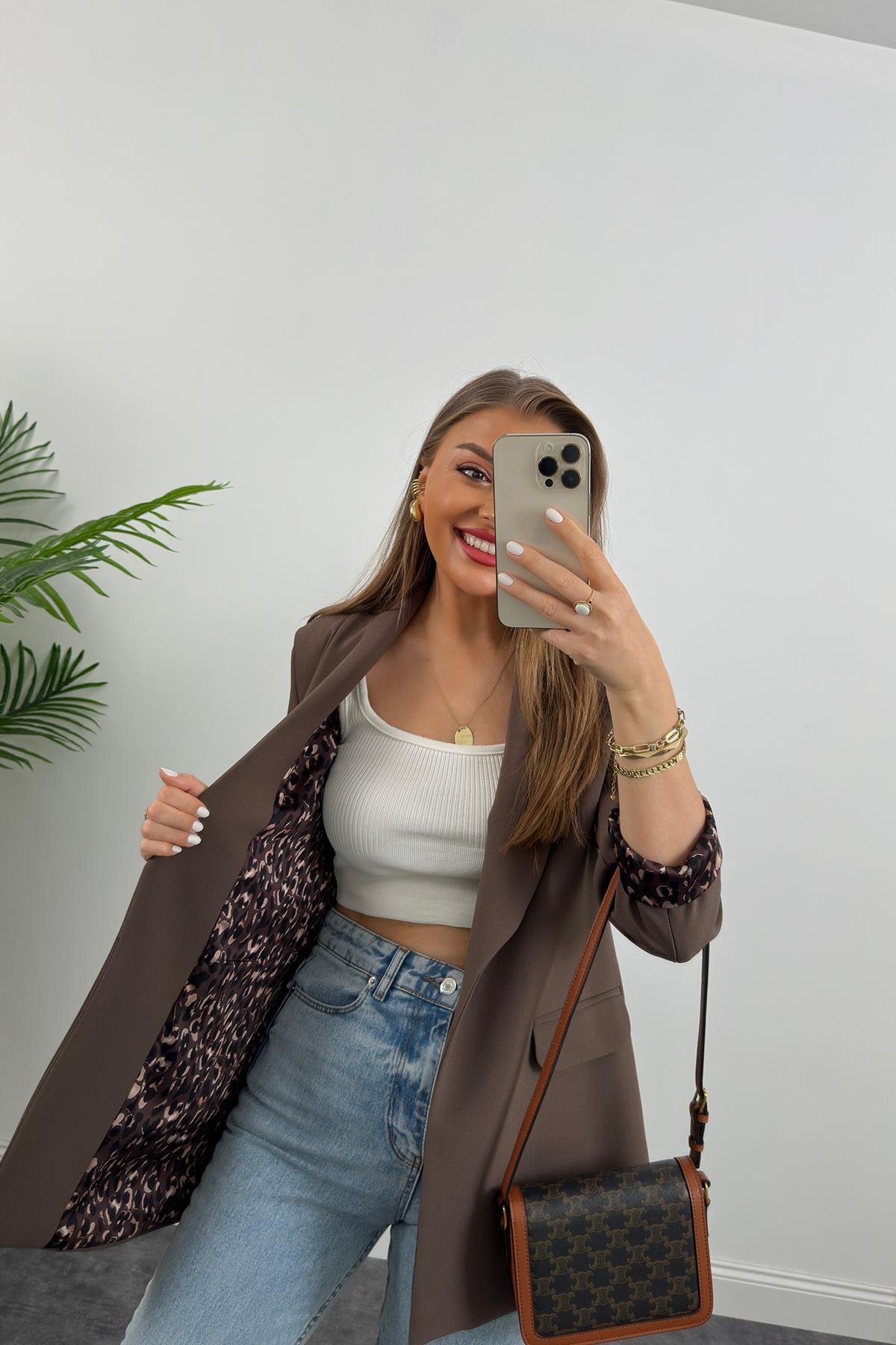 Premium Kalite Leopar Astarlı Double Kumaş Blazer Ceket Acı Kahve