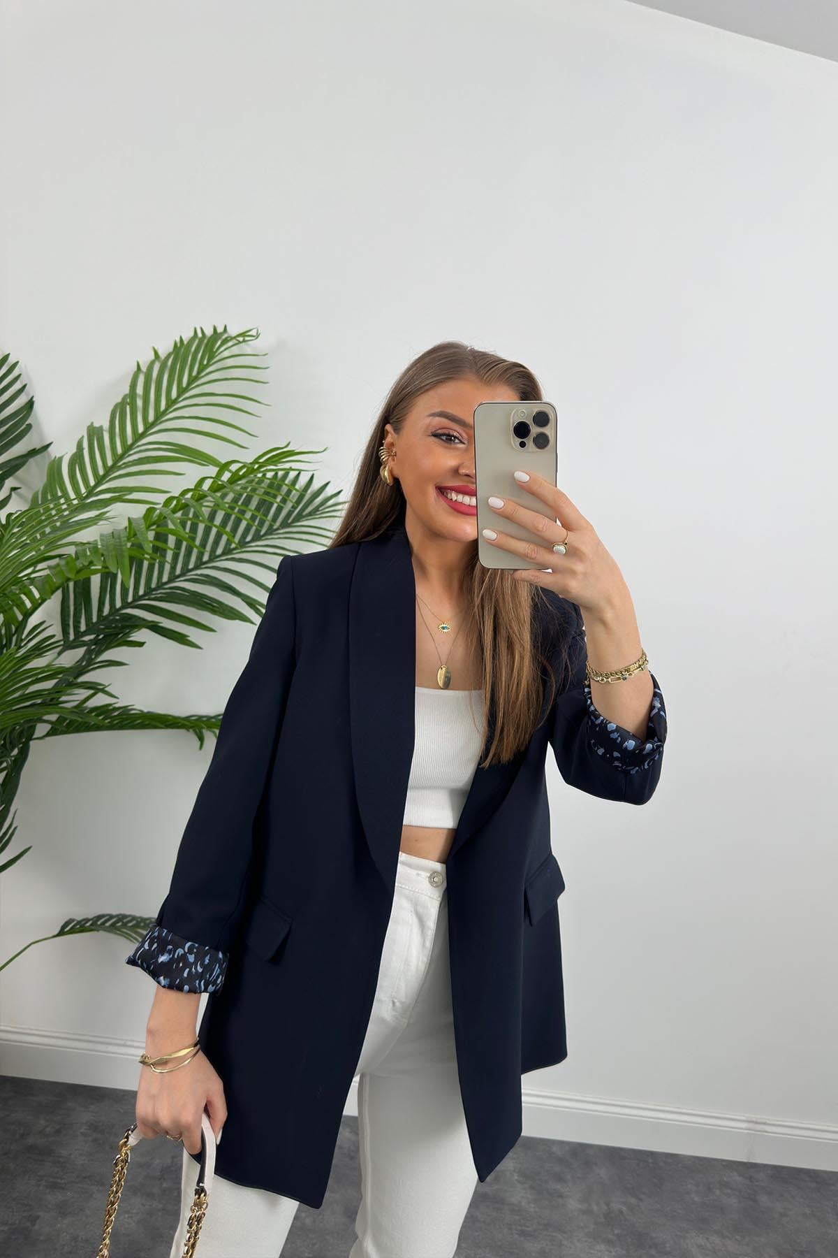 Premium Kalite Leopar Astarlı Double Kumaş Blazer Ceket Lacivert