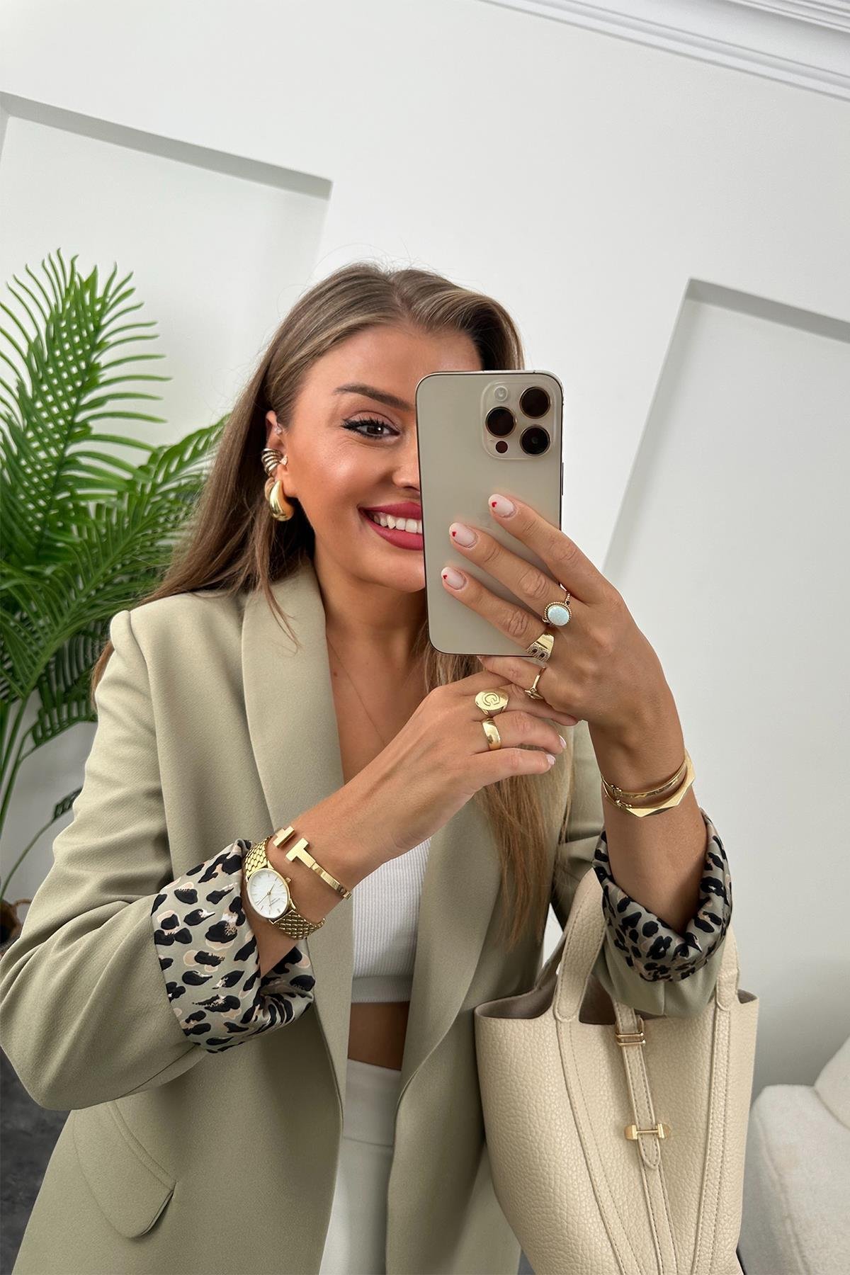 Premium Kalite Leopar Astarlı Double Kumaş Blazer Ceket Haki