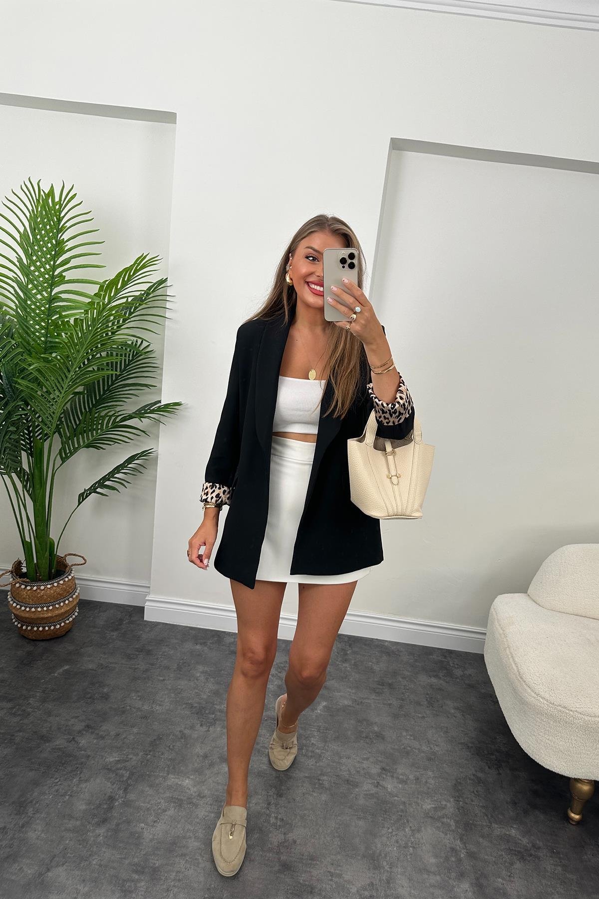 Premium Kalite Leopar Astarlı Double Kumaş Blazer Ceket Siyah