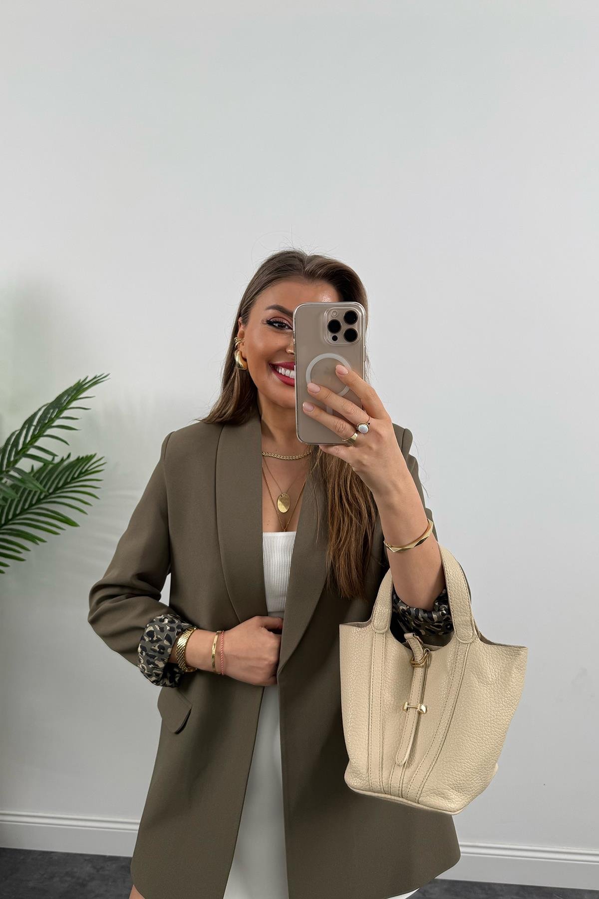 Premium Kalite Leopar Astarlı Double Kumaş Blazer Ceket Koyu Haki